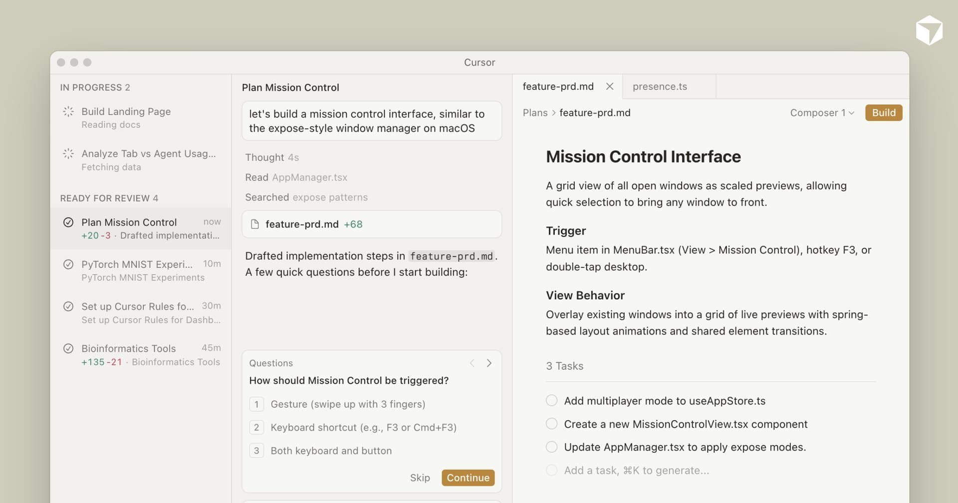 Interface do Cursor com agente, diff e um PRD aberto no editor