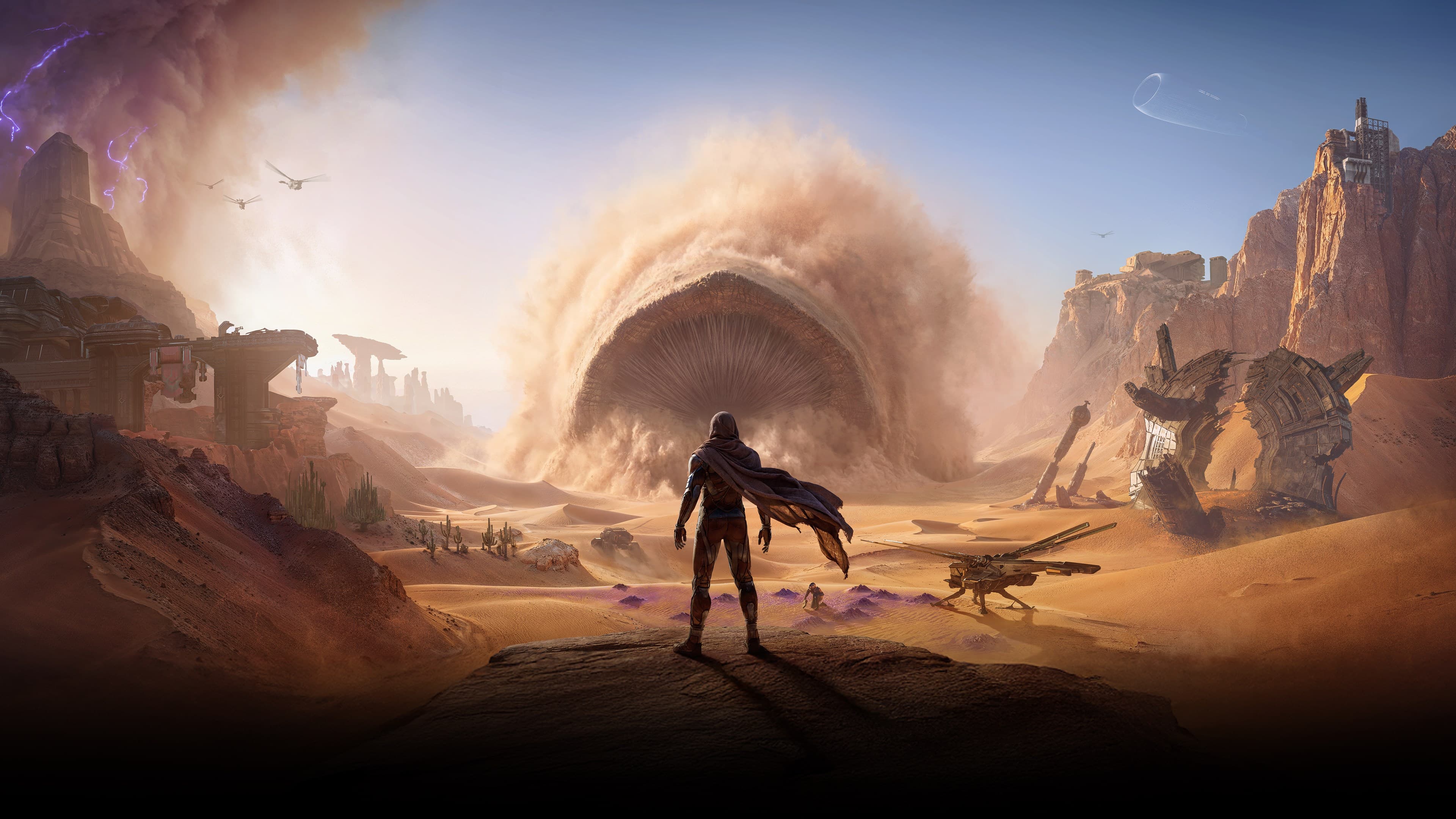 Arte oficial de Dune: Awakening: personagem encapuzado observa um verme da areia emergindo no deserto de Arrakis