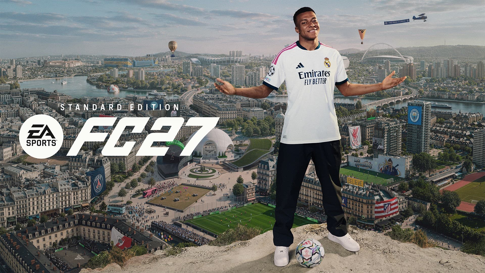 Arte de capa da Xbox Store de EA Sports FC 27, com dois jogadores de uniforme branco e o logo do jogo à frente