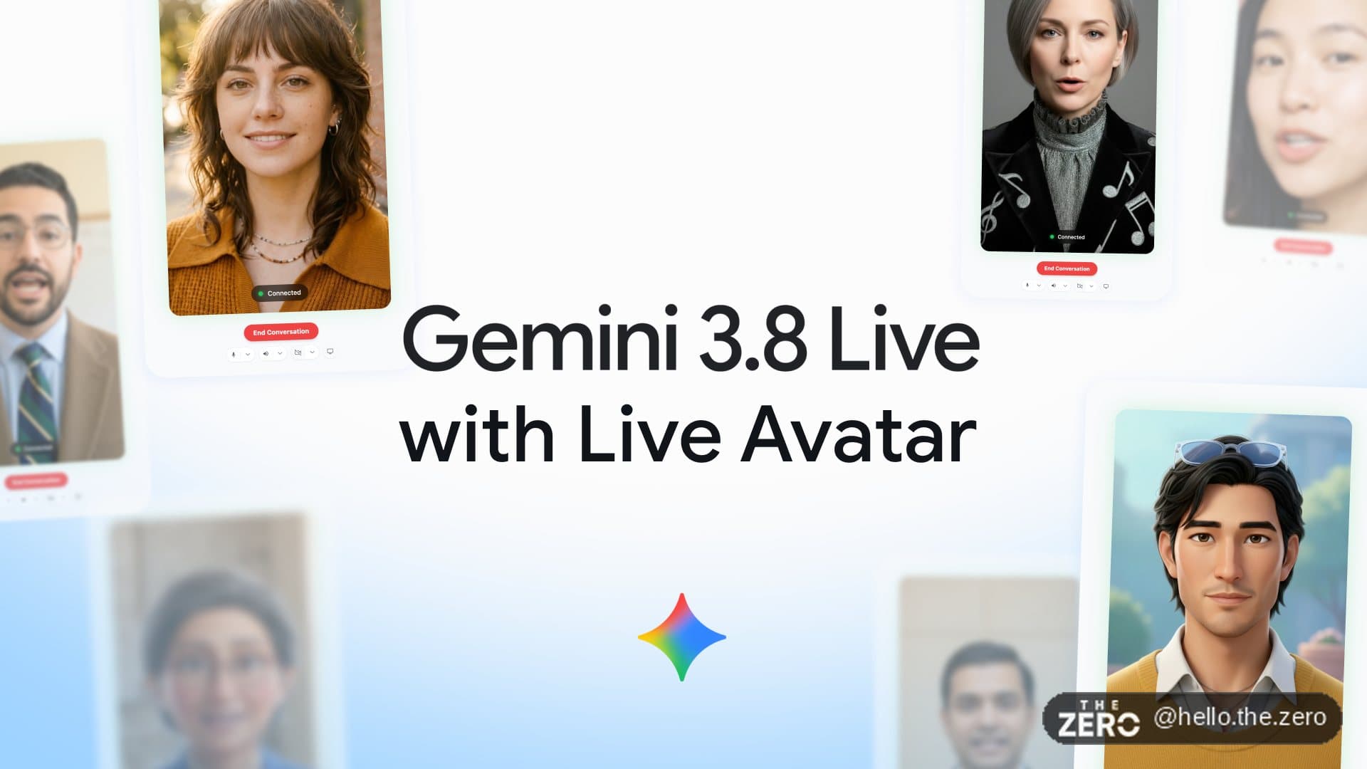 Homem de terno azul-escuro e camisa clara numa videochamada, na interface do Gemini 3.8 Live, com a transcrição da conversa ao lado