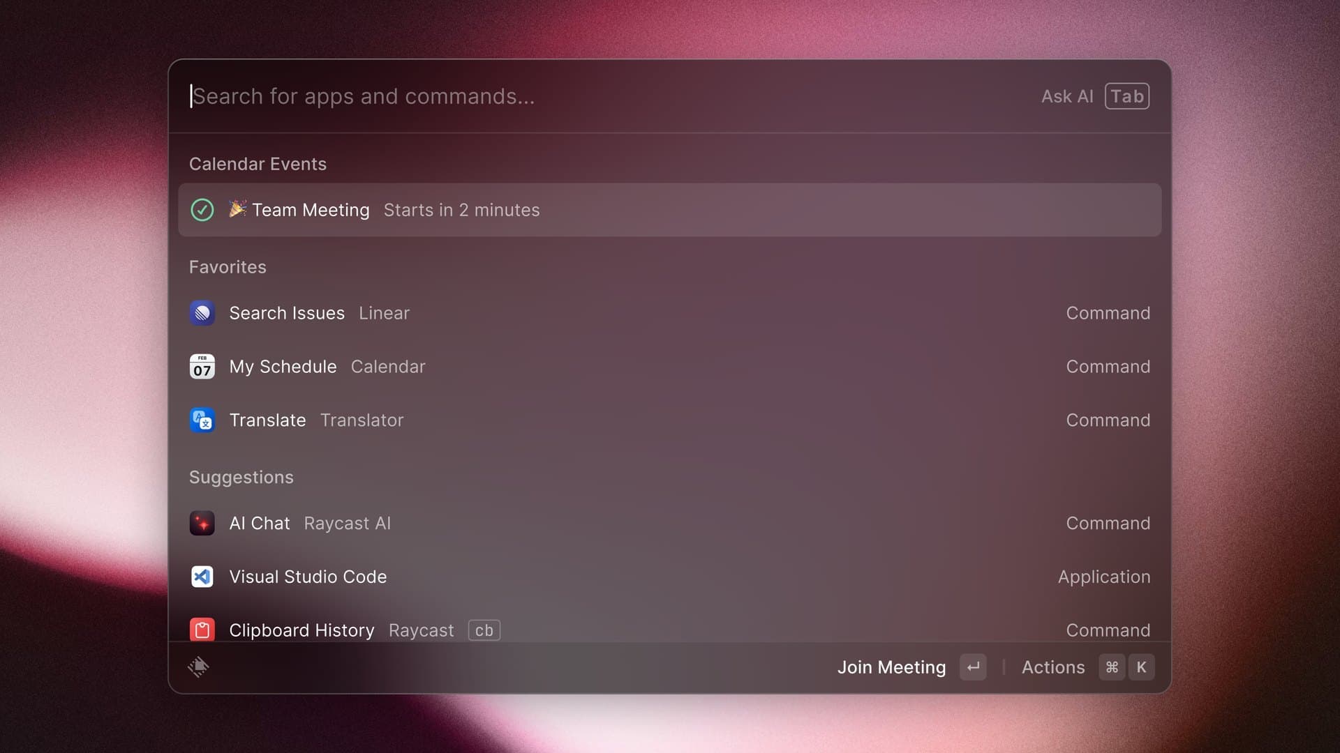 Janela do Raycast no macOS, busca de apps e comandos em primeiro plano