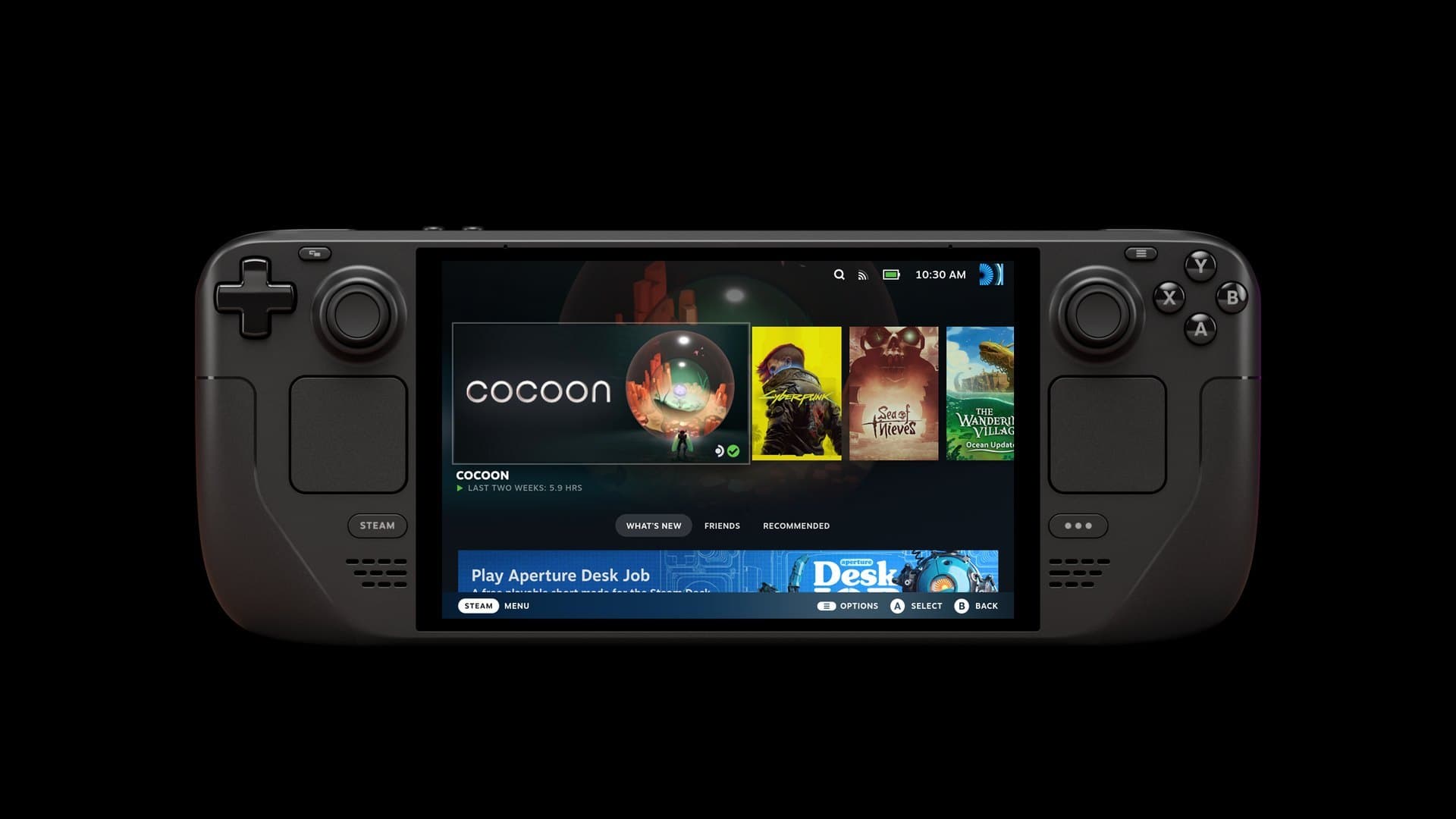 Steam Deck OLED de frente, com o menu Steam na tela