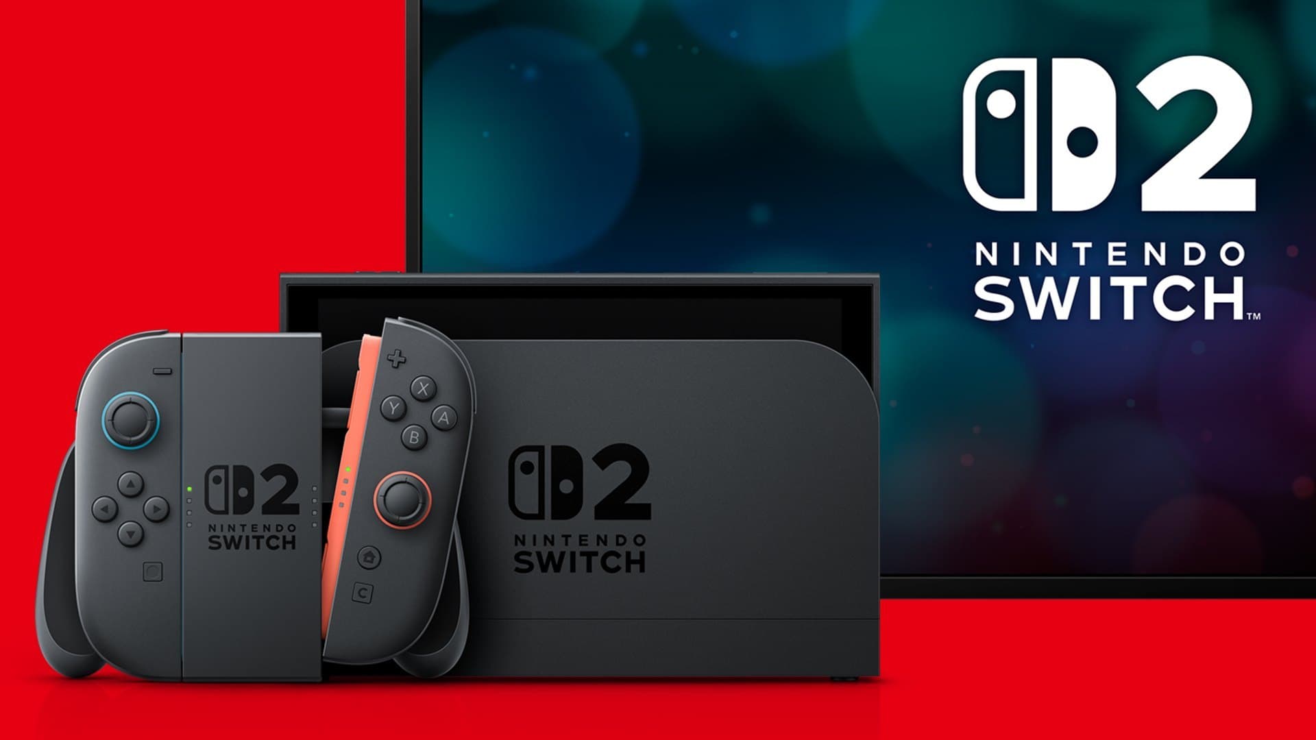 Nintendo Switch 2 no dock, Joy-Con 2 ao lado e a TV ao fundo