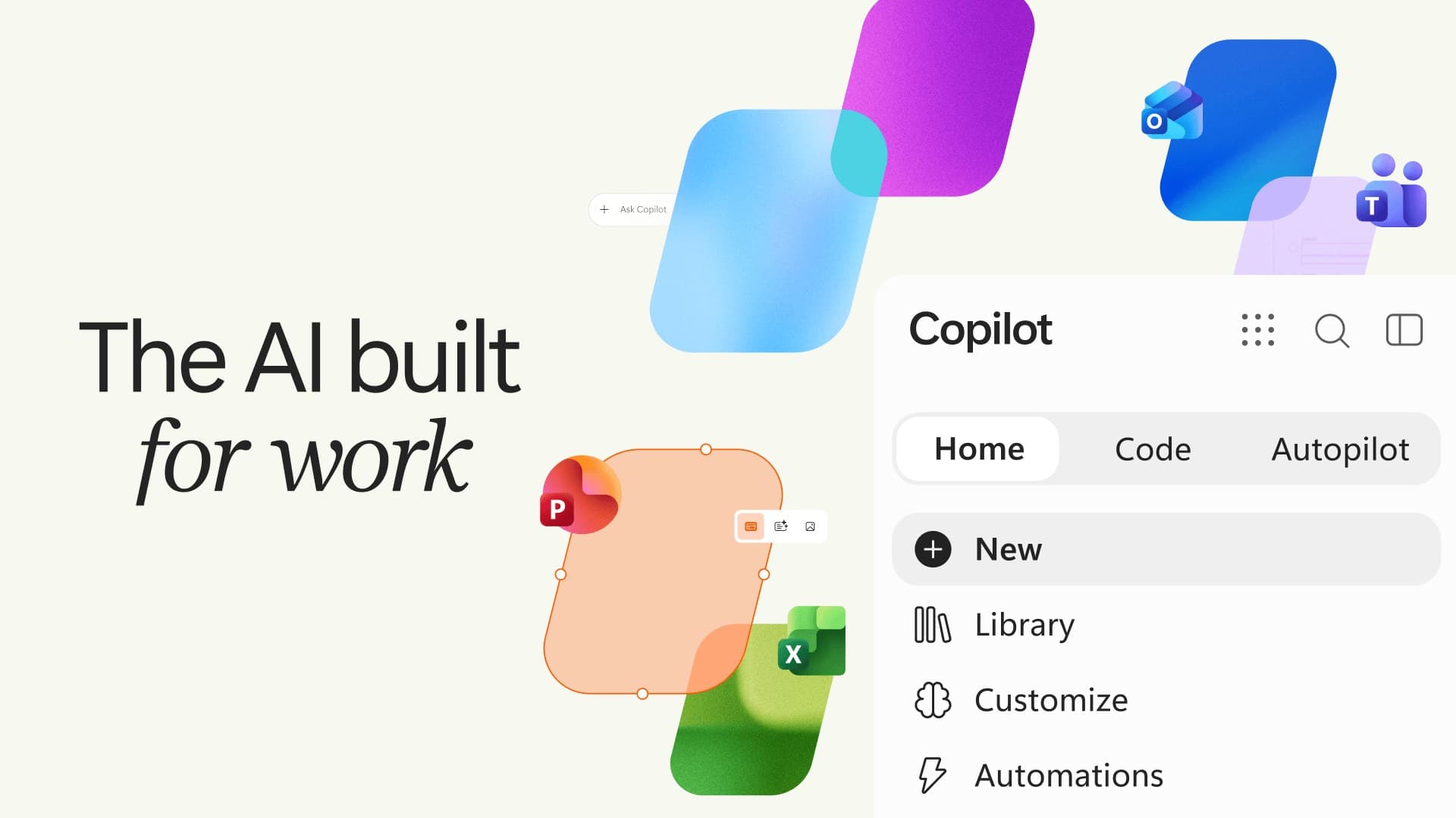 Tela do novo Copilot com a frase The AI built for work e as abas Home, Code e Autopilot