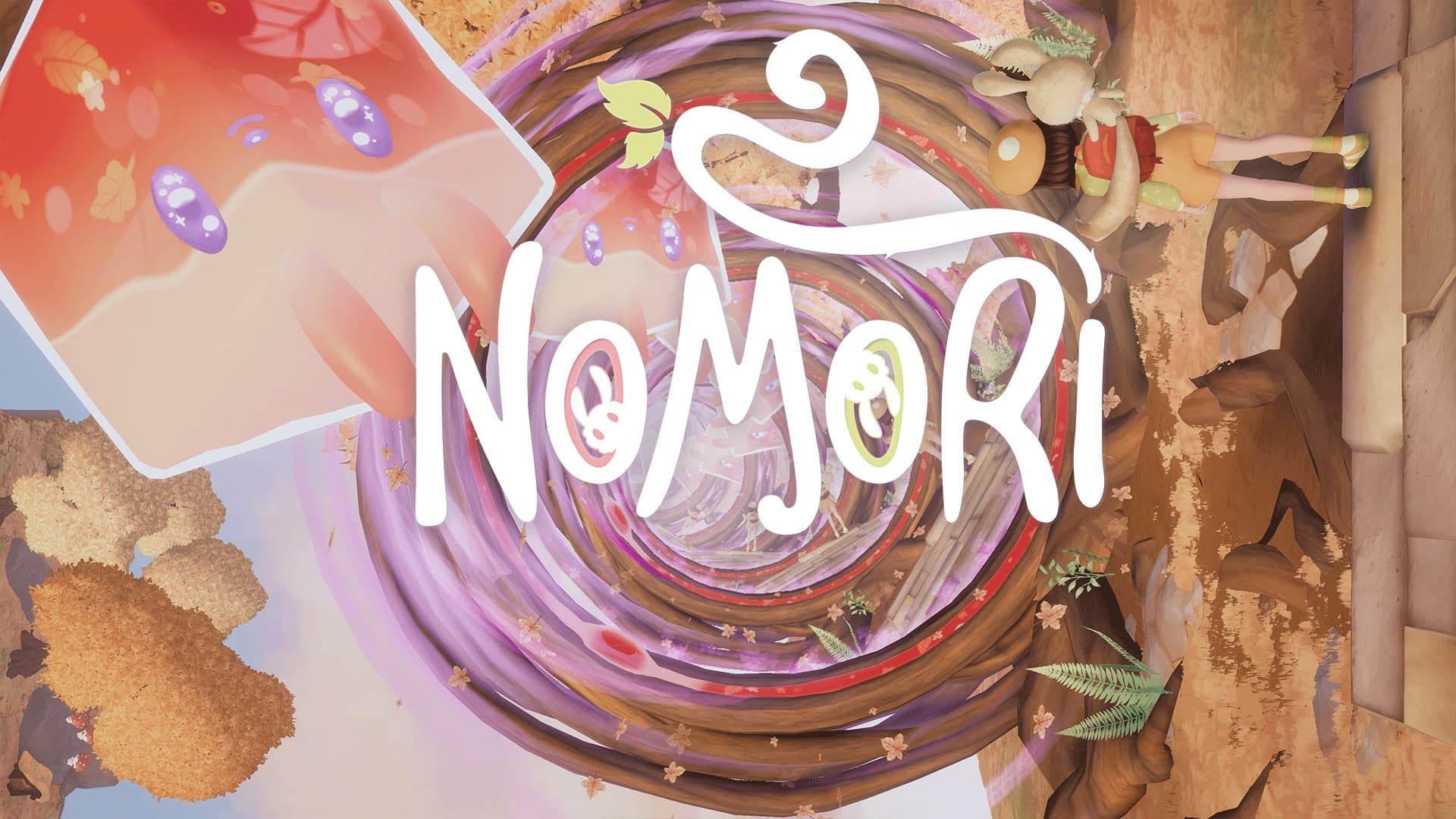 Arte oficial de Nomori: Kiko, de quimono azul, flutua entre portais ovais num mundo de espíritos com torii, gato gigante e slime