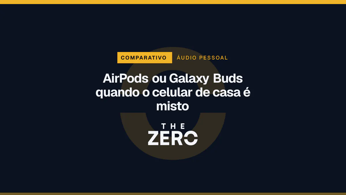 Cartaz editorial do The Zero em azul-marinho, com a marca da casa e faixa âmbar de Áudio pessoal, para o comparativo sobre AirPods ou Galaxy Buds quando o celular de casa é misto.