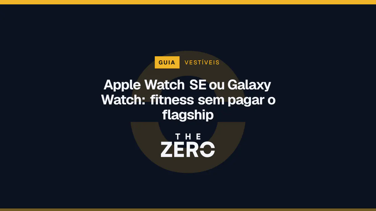 Cartaz editorial do The Zero em azul-marinho, com a marca da casa e faixa âmbar de Vestíveis, para o guia sobre Apple Watch SE ou Galaxy Watch.