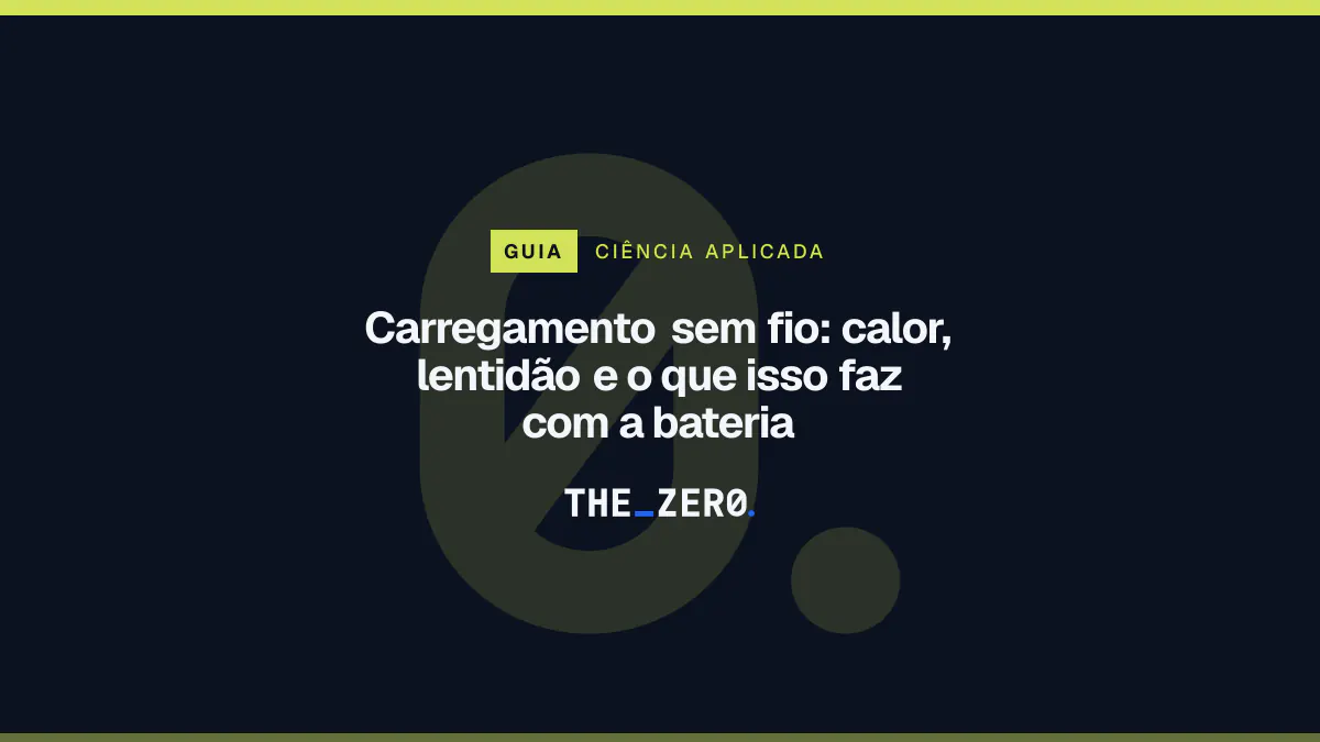 Cartaz editorial do The Zero em azul-marinho, com a marca da casa e faixa verde-limão de Ciência aplicada, para o guia sobre Carregamento sem fio.