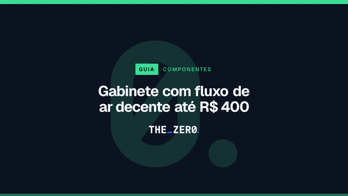 Cartaz editorial do The Zero em azul-marinho, com a marca da casa e faixa verde de Componentes, para o guia sobre Gabinete com fluxo de ar decente até R$ 400.