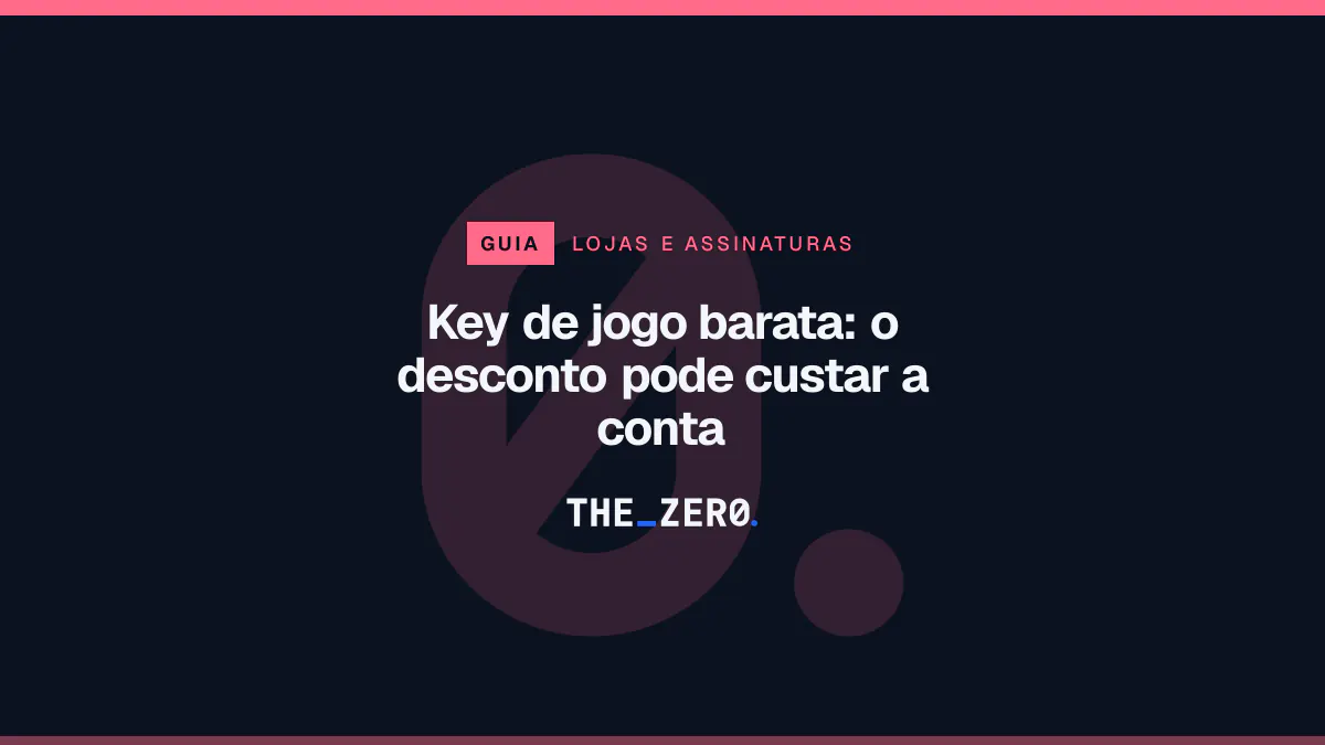 Cartaz editorial do The Zero em azul-marinho, com a marca da casa e faixa vermelha de Lojas e assinaturas, para o guia sobre Key de jogo barata.