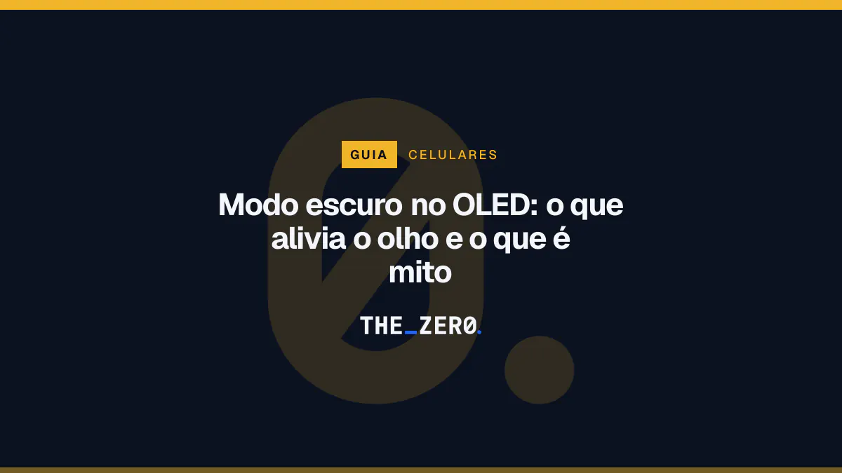 Cartaz editorial do The Zero em azul-marinho, com a marca da casa e faixa âmbar de Celulares, para o guia sobre Modo escuro no OLED.