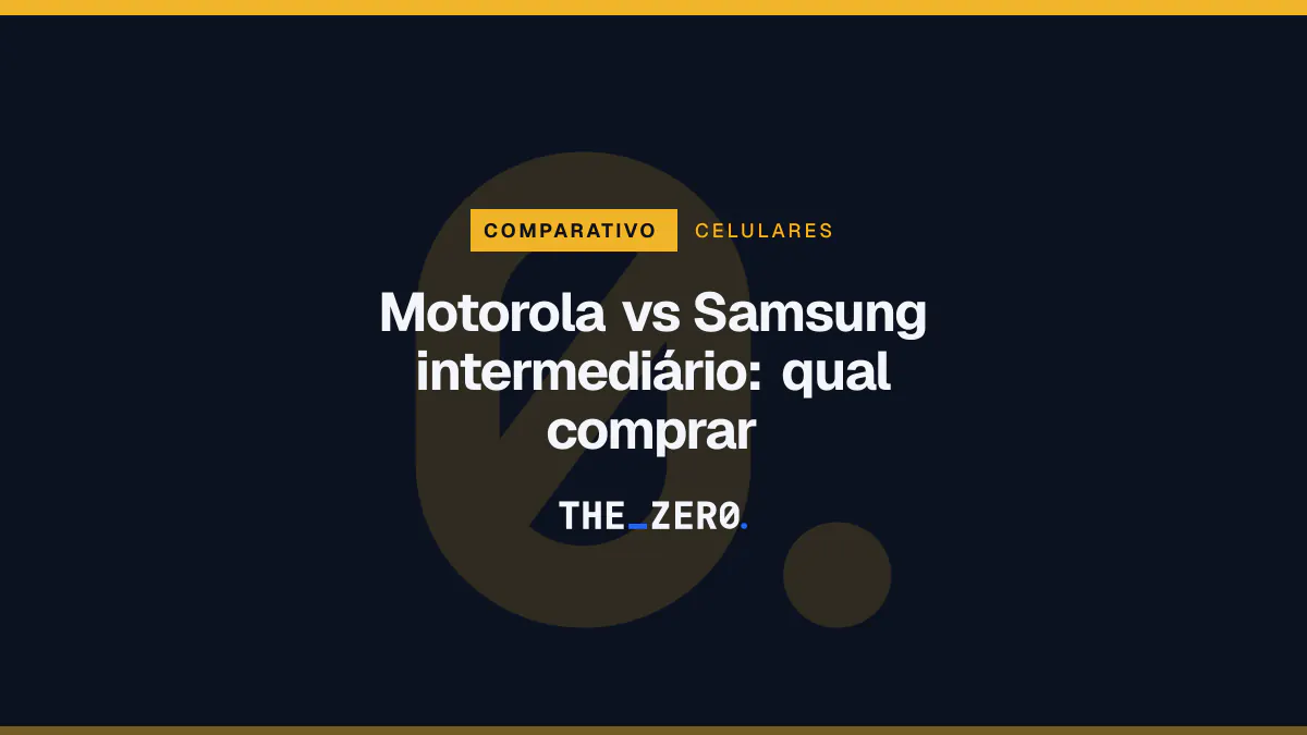 Cartaz editorial do The Zero em azul-marinho, com a marca da casa e faixa âmbar de Celulares, para o comparativo sobre Motorola vs Samsung intermediário.