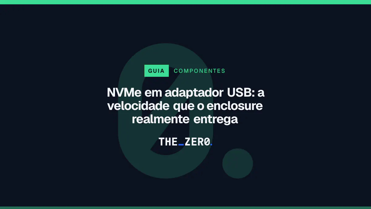 Cartaz editorial do The Zero em azul-marinho, com a marca da casa e faixa verde de Componentes, para o guia sobre NVMe em adaptador USB.