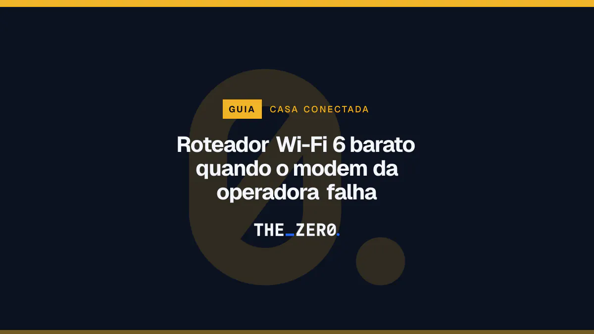Cartaz editorial do The Zero em azul-marinho, com a marca da casa e faixa âmbar de Casa conectada, para o guia sobre Roteador Wi-Fi 6 barato quando o modem da operadora falha.
