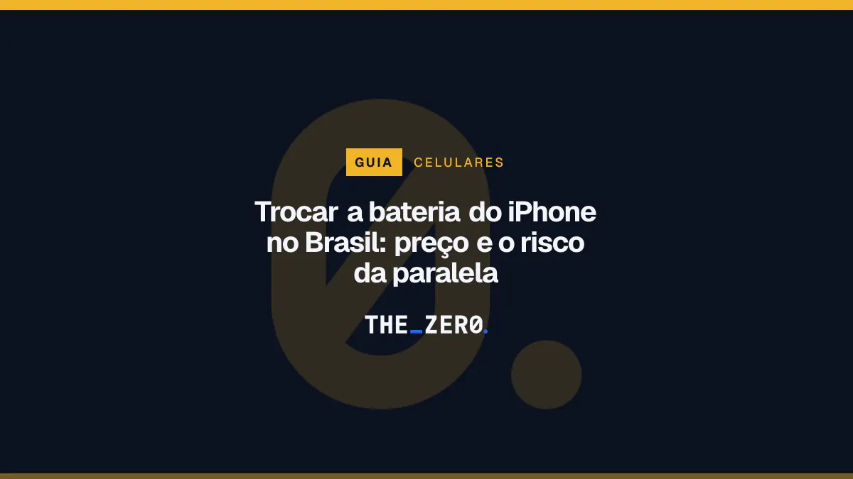 Cartaz editorial do The Zero em azul-marinho, com a marca da casa e faixa âmbar de Celulares, para o guia sobre Trocar a bateria do iPhone no Brasil.