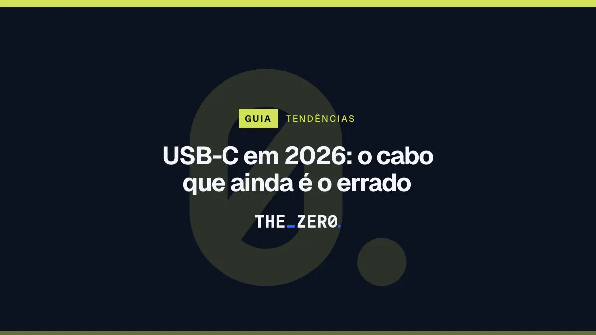 Cartaz editorial do The Zero em azul-marinho, com a marca da casa e faixa verde-limão de Tendências, para o guia sobre USB-C em 2026.
