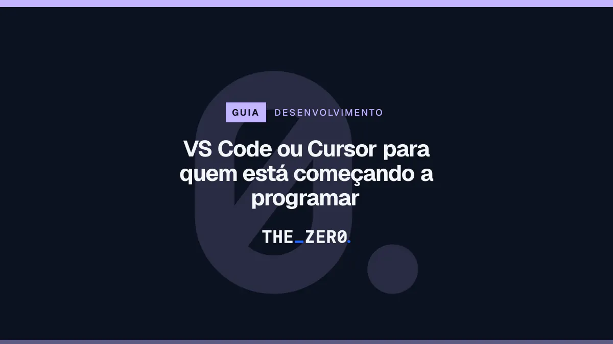 Cartaz editorial do The Zero em azul-marinho, com a marca da casa e faixa lilás de Desenvolvimento, para o guia sobre VS Code ou Cursor para quem está começando a programar.