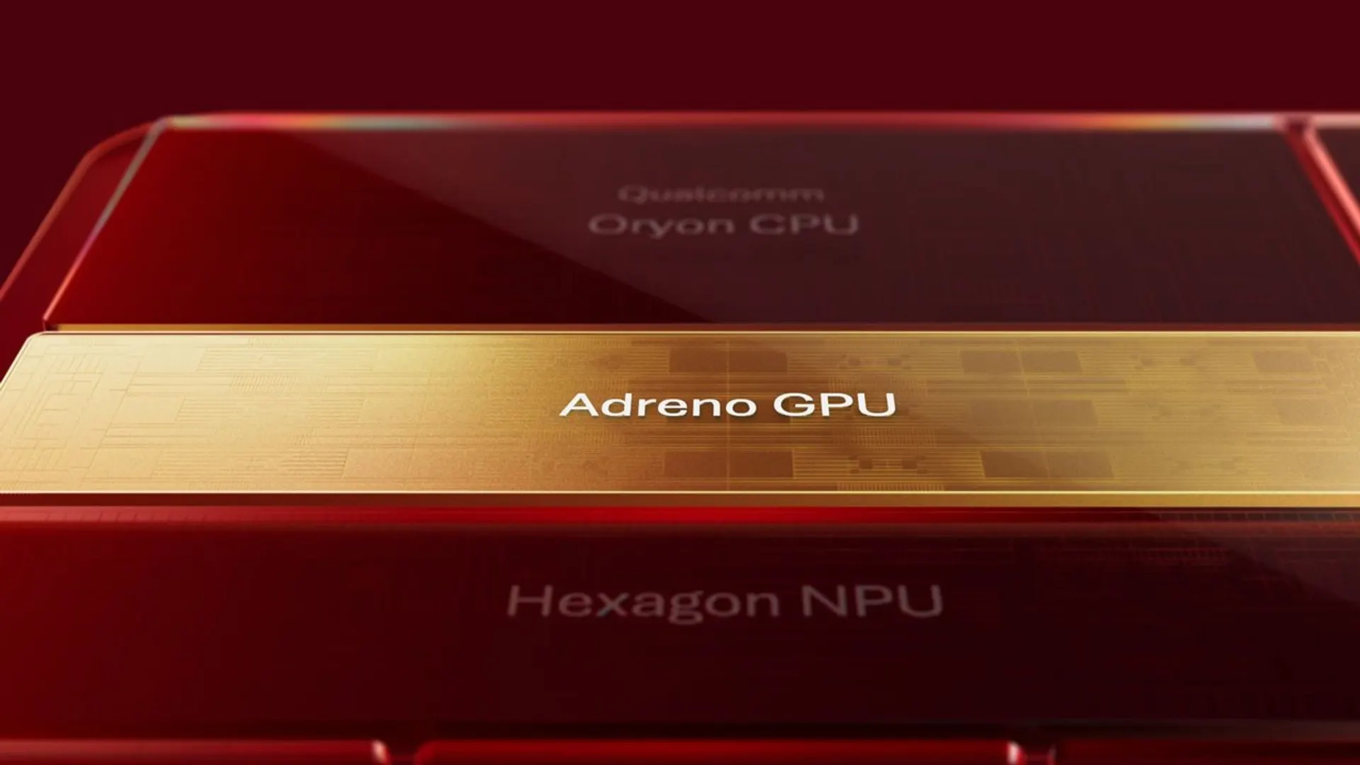 Ilustração oficial da Qualcomm com as camadas de um chip Snapdragon: Oryon CPU, Adreno GPU em destaque dourado e Hexagon NPU