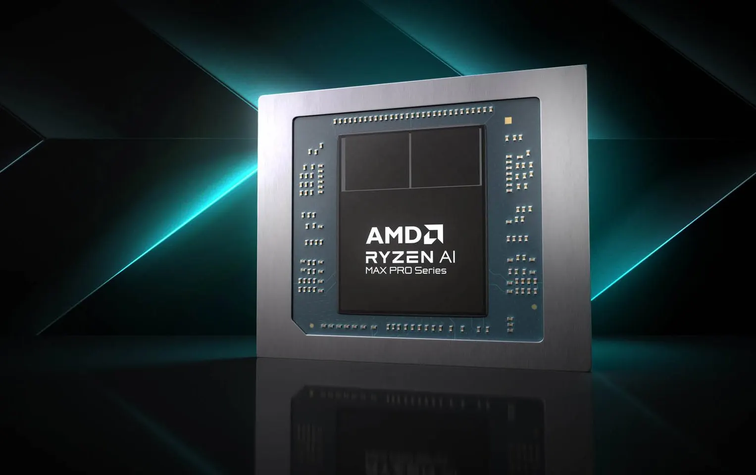 Renderização em close de um processador AMD Ryzen AI Max Pro Series com substrato prateado sobre fundo escuro com reflexos esverdeados