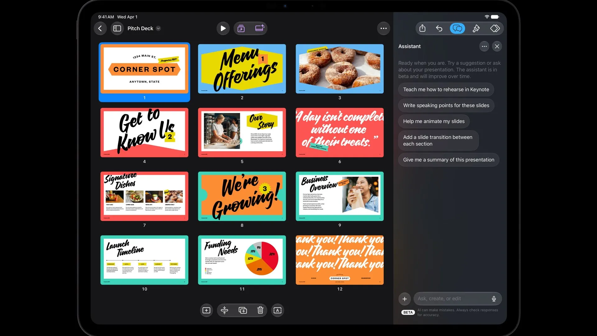 iPad Pro mostrando o Keynote com 12 slides e o painel do assistente de IA aberto à direita