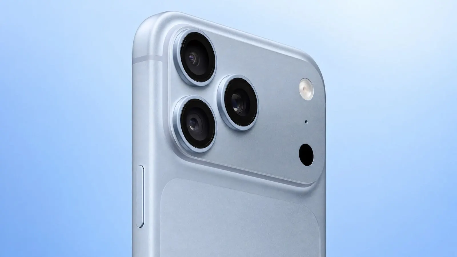 Traseira e módulo com três lentes salientes de um smartphone iPhone 18 Pro Max em tom azul claro sobre um fundo azul suave