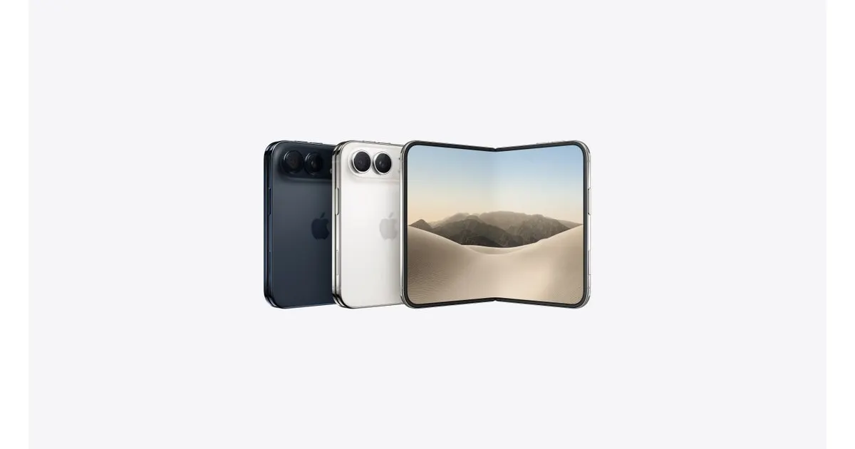 Renderização do iPhone Duo dobrável mostrando a tela externa de 5,4 polegadas e a tela interna de 7,6 polegadas, com acabamento em titânio e cores branco-estrela e céu noturno visíveis.