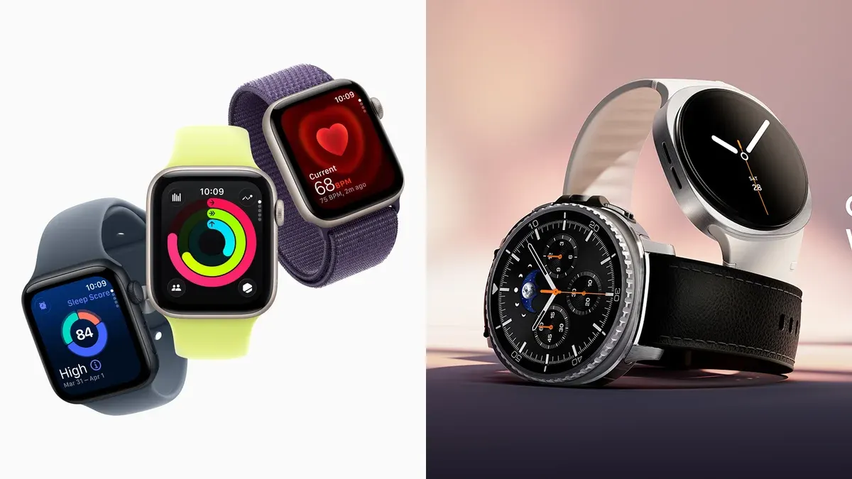 Três Apple Watch SE 3 com pulseiras em azul, amarelo-limão e roxo, ao lado de dois Galaxy Watch8 da Samsung, um com pulseira preta e outro com pulseira branca.