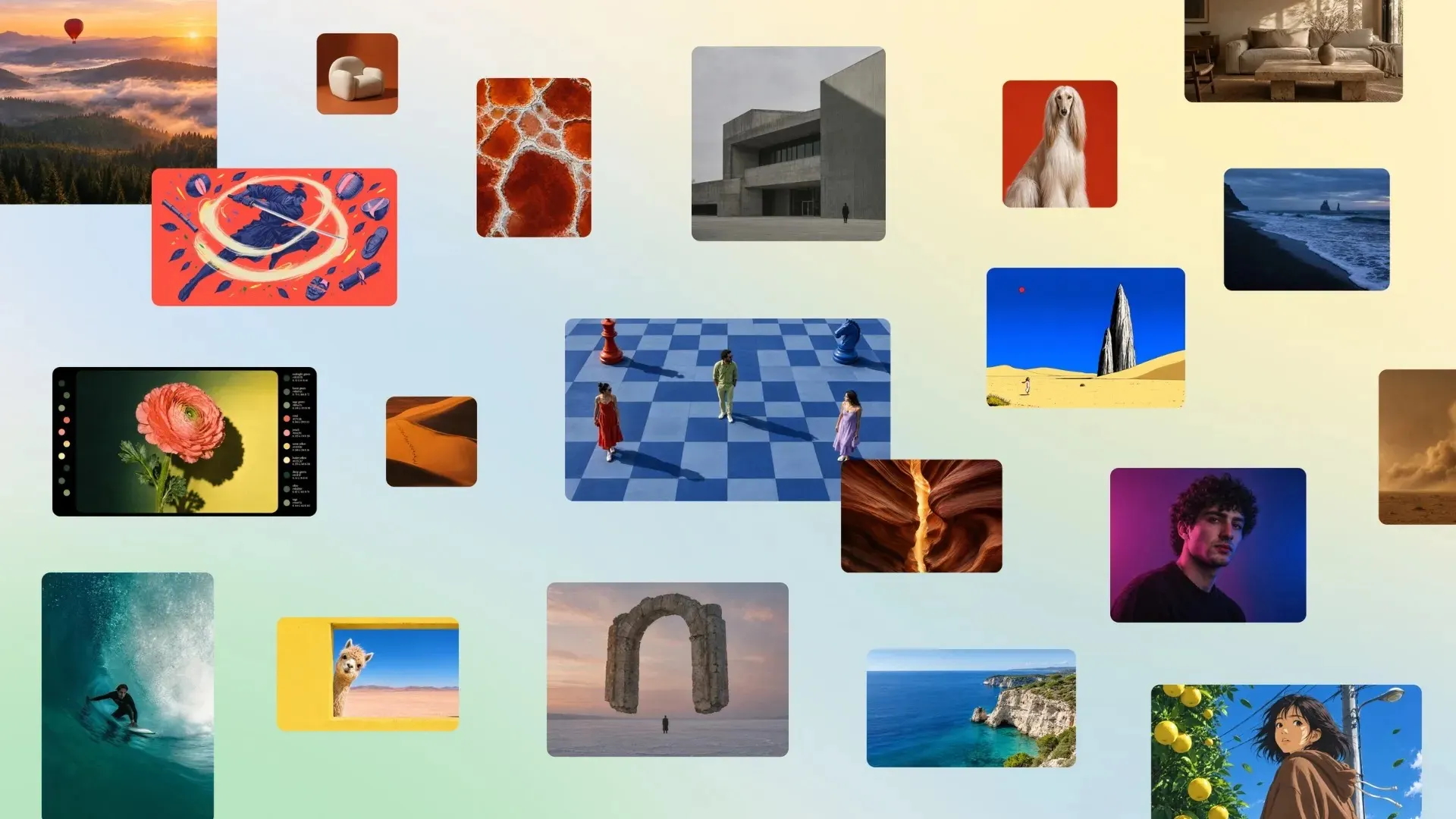 Colagem oficial de exemplos gerados pelo Canva Craft: retratos, paisagens, arquitetura, ilustrações e cenas conceituais em vários estilos