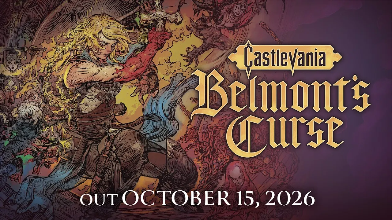 Ilustração de uma mulher loira de luvas vermelhas erguendo uma arma acima da cabeça, cercada por monstros, com o título Castlevania Belmont's Curse e o texto OUT OCTOBER 15, 2026