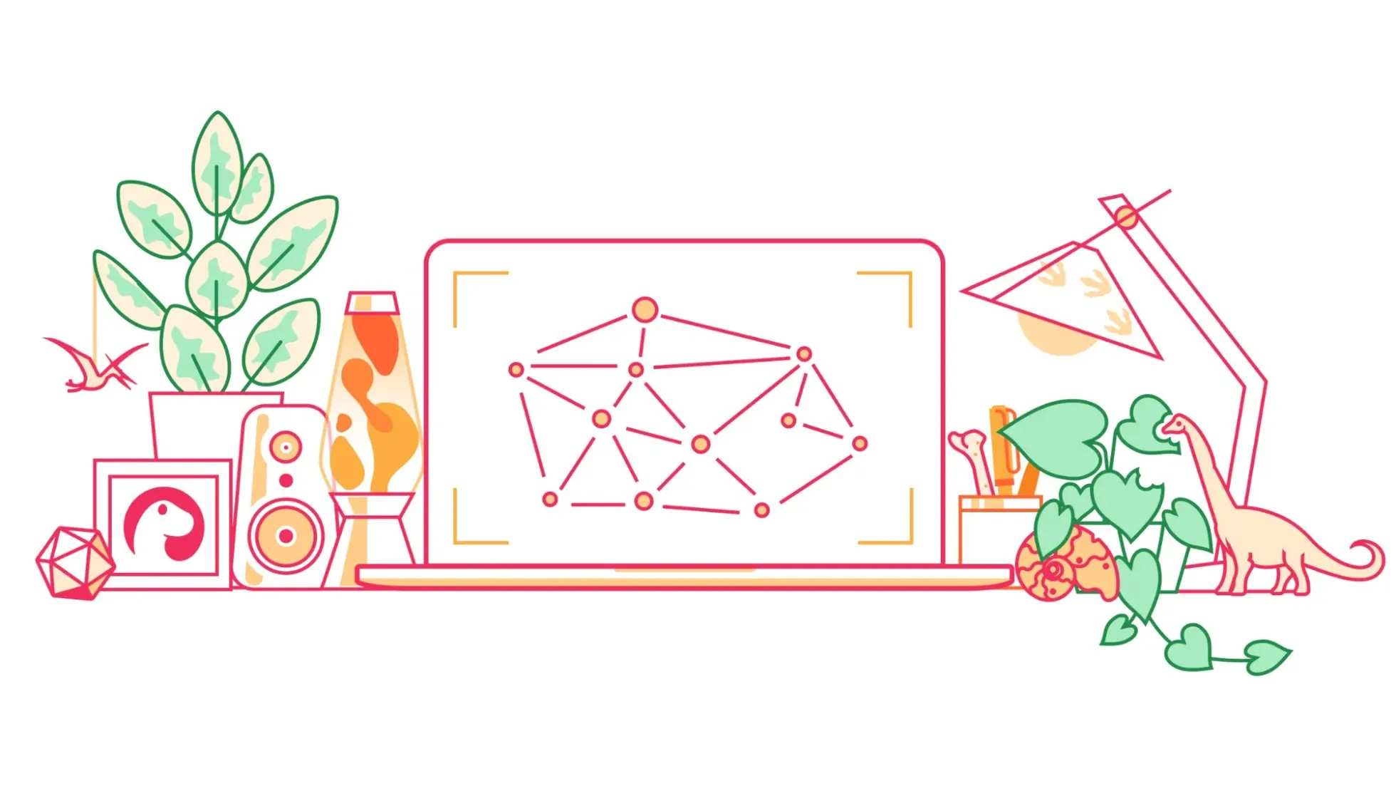 Ilustração vetorial em tons de laranja, verde e vermelho com notebook ao centro, plantas, lâmpada de lava e silhueta de dinossauro sobre uma mesa