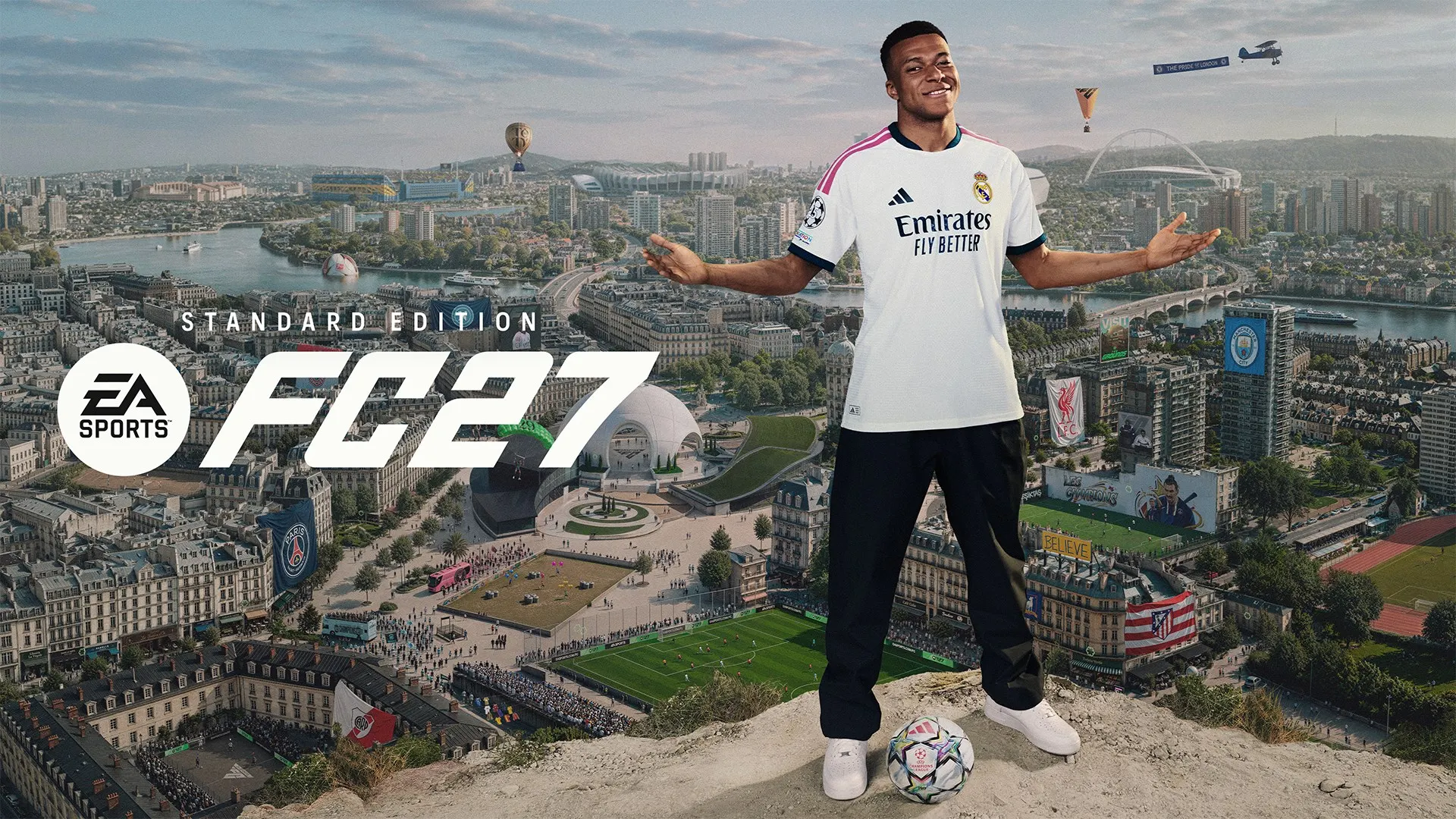 Arte de capa da Xbox Store de EA Sports FC 27, com dois jogadores de uniforme branco e o logo do jogo à frente.