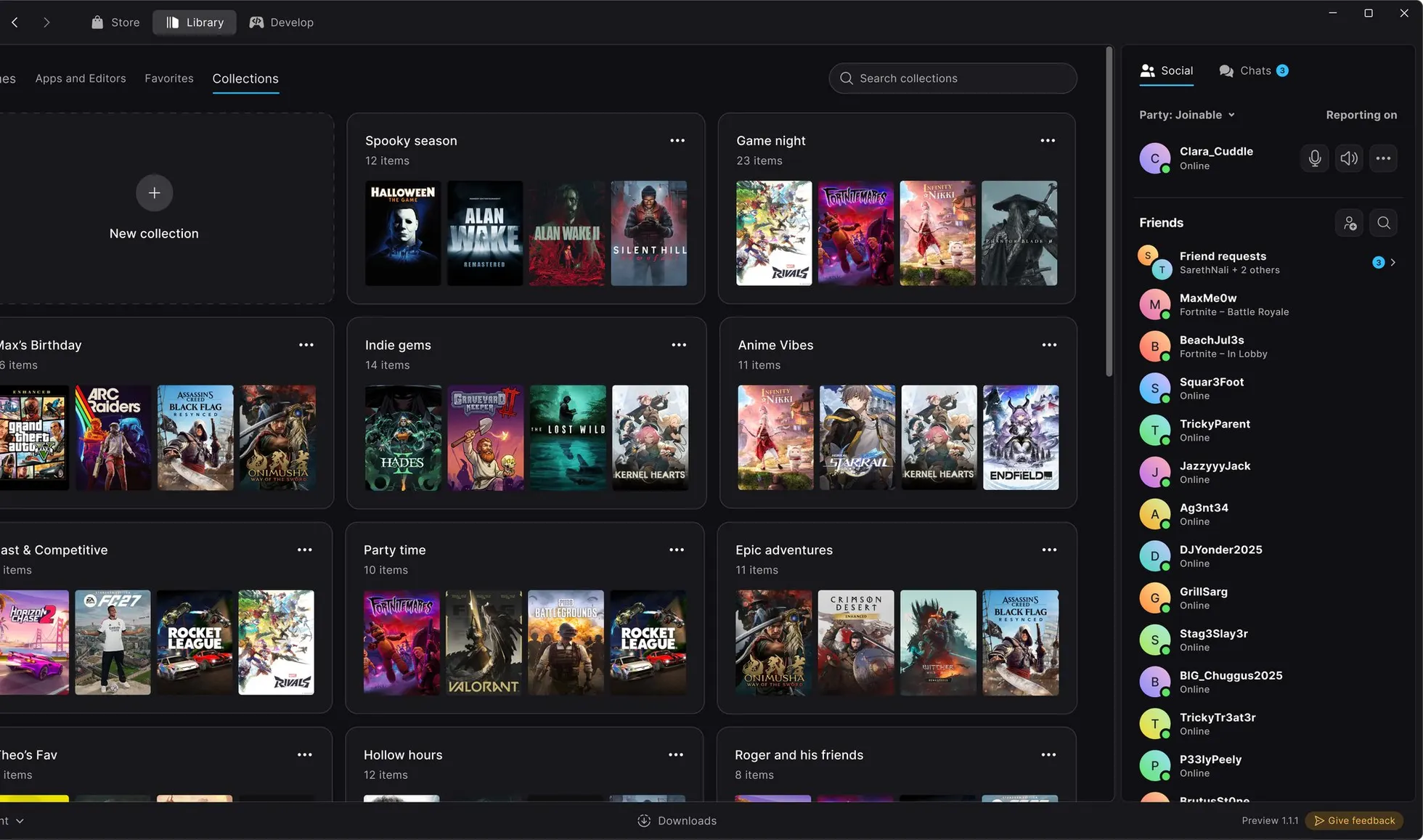Tela do novo Epic Games Launcher com barra superior contendo as abas Store, Library e Develop, fundo escuro e miniaturas de jogos destacados na biblioteca