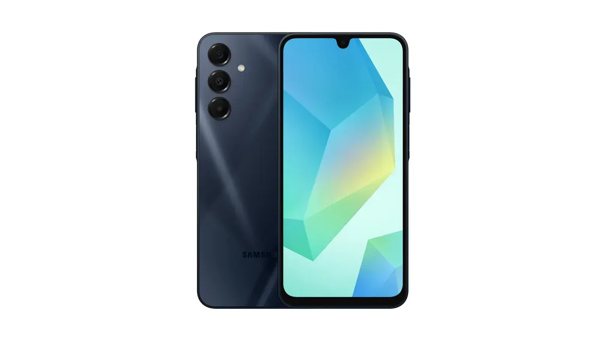 Galaxy A16 5G azul-escuro visto de frente e de costas, com as três câmeras em linha.