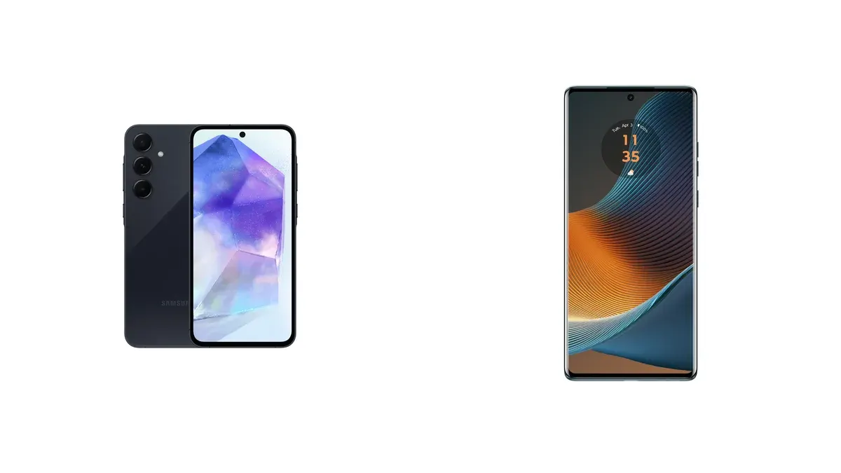 Galaxy A55 azul-marinho de frente e de costas à esquerda e Motorola Edge 50 Fusion de frente à direita.