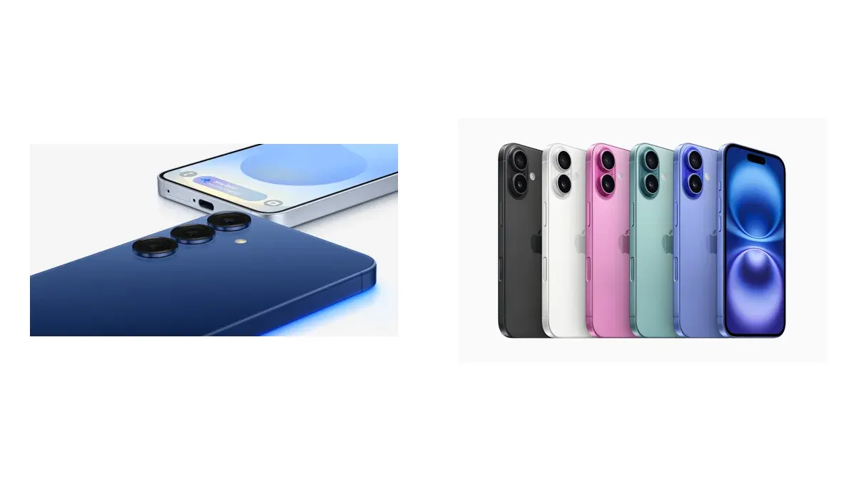 Galaxy S25 azul deitado à esquerda e iPhone 16 nas cinco cores, de costas e de frente, à direita.