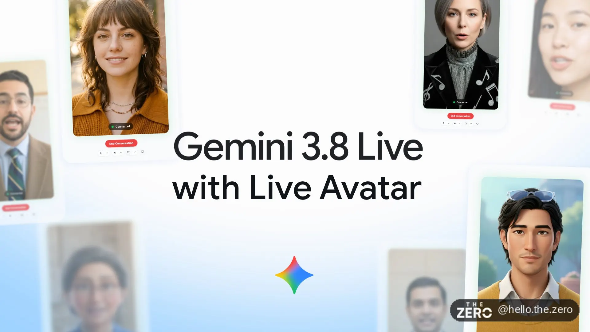 Homem de terno azul-escuro e camisa clara numa videochamada, na interface do Gemini 3.8 Live, com a transcrição da conversa ao lado
