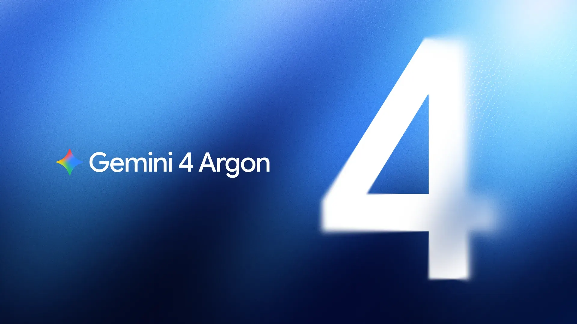 Arte digital horizontal com fundo em degradê azul royal e azul escuro, com foco de luz difuso no canto superior direito. À esquerda, destaca-se a estrela de quatro pontas colorida do Google Gemini, seguida pelo texto 'Gemini 4 Argon' em fonte sem serifa branca. À direita, um algarismo 4 estilizado em branco e de tamanho grande ocupa verticalmente o centro do quadro com leve desfoque nas bordas