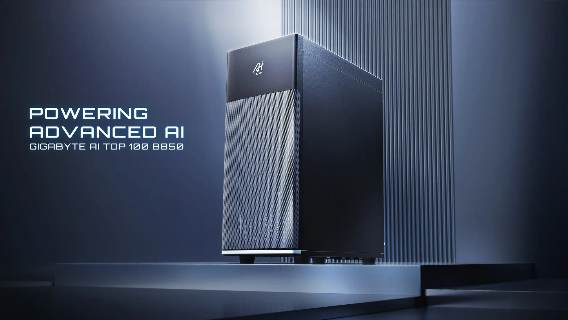 Gabinete preto da workstation Gigabyte AI TOP 100 B850 com painel frontal perfurado prateado e acabamento metálico sobre uma base de suporte