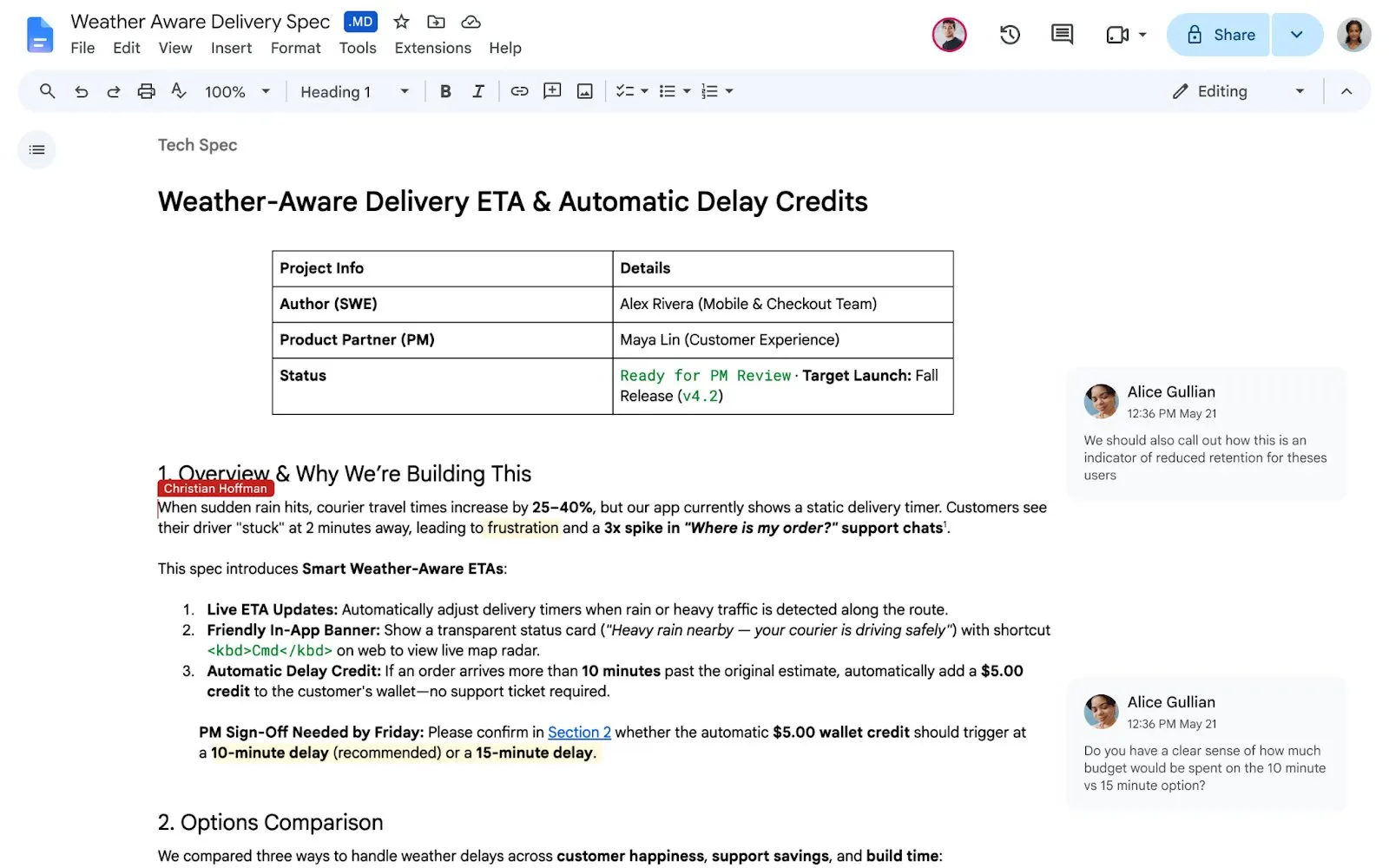 Tela do Google Docs exibindo um documento de especificação técnica no formato Markdown com selo MD ao lado do título e tabela formatada.