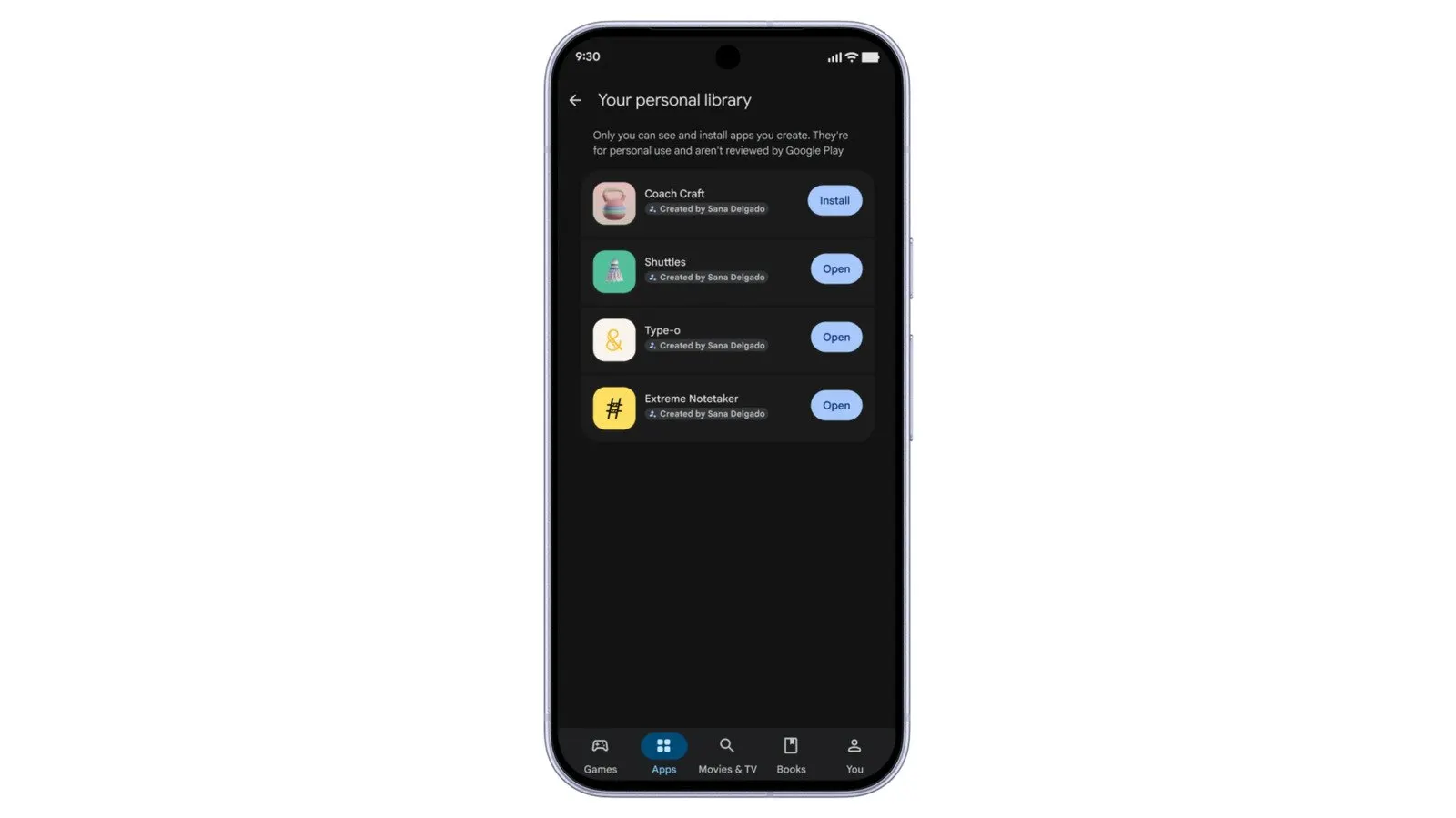 Smartphone com tela escura exibindo a seção Your personal library do Google Play, com lista de aplicativos personalizados criados por usuário e botões de instalar e abrir