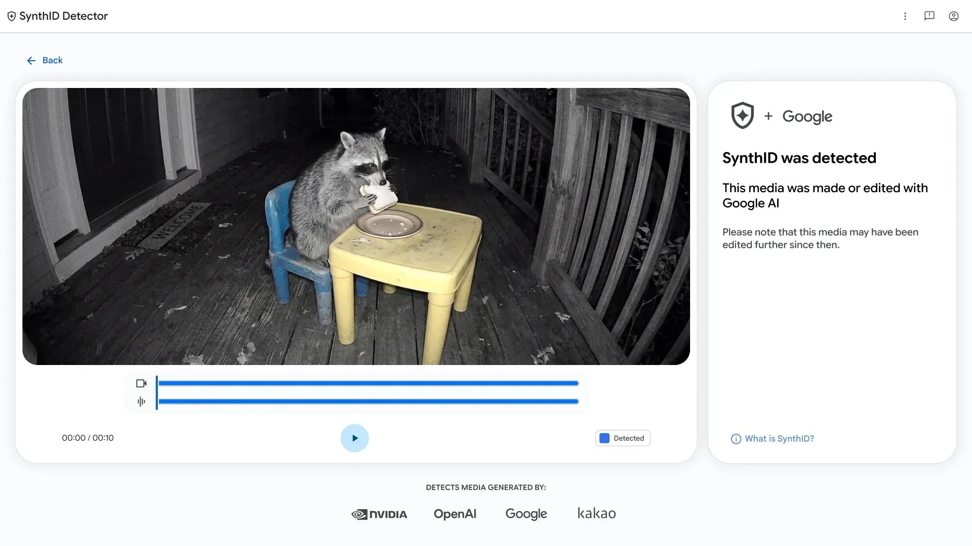 Interface web do SynthID Detector em tela clara exibindo um vídeo de guaxinim à mesa e um painel lateral confirmando a detecção de mídia gerada por IA