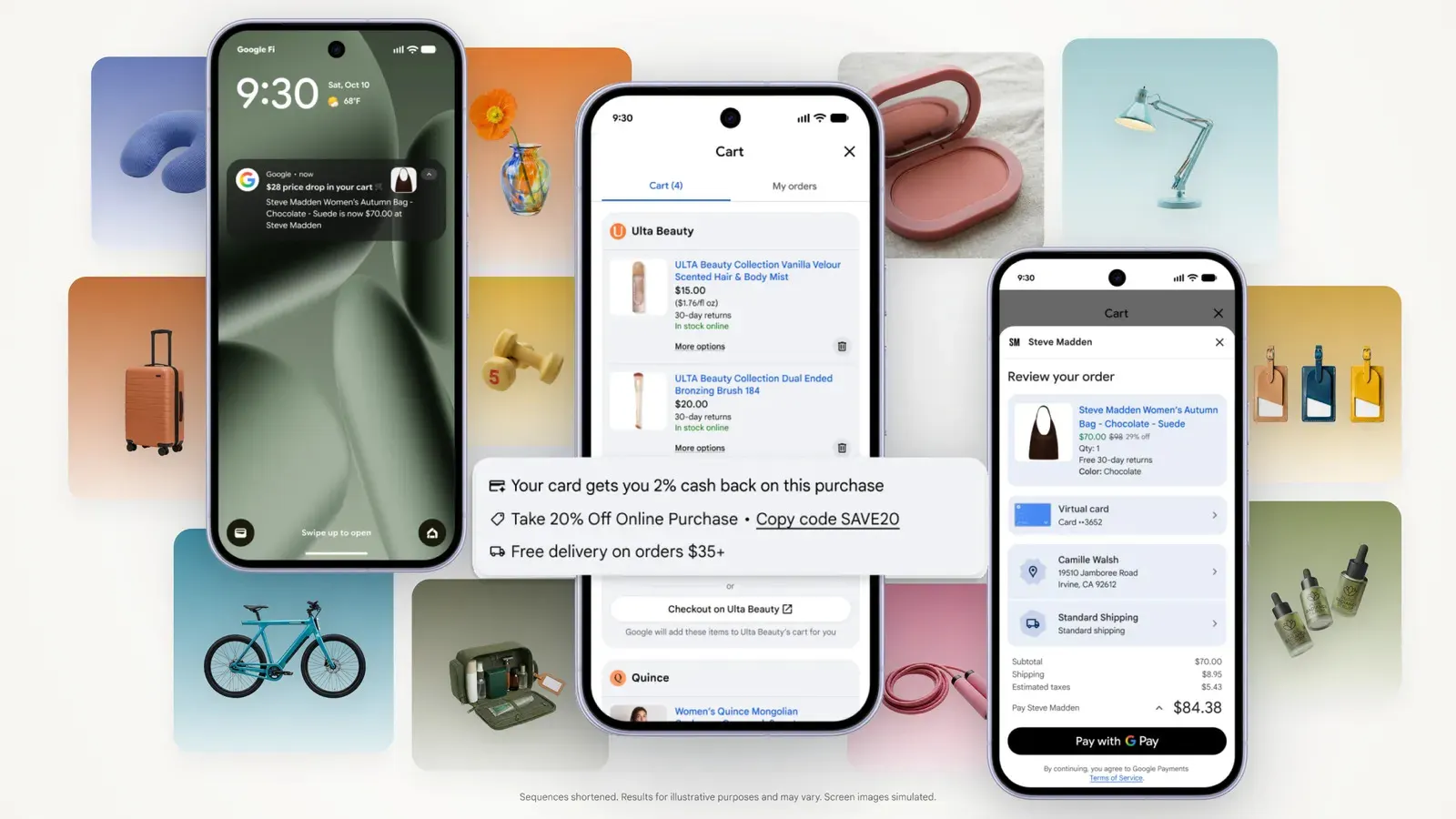 Três celulares exibindo telas do carrinho universal do Google, com notificação de queda de preço, lista de produtos com cupom e pagamento via Google Pay, sobre colagem de fotos de produtos como mala, bicicleta e luminária