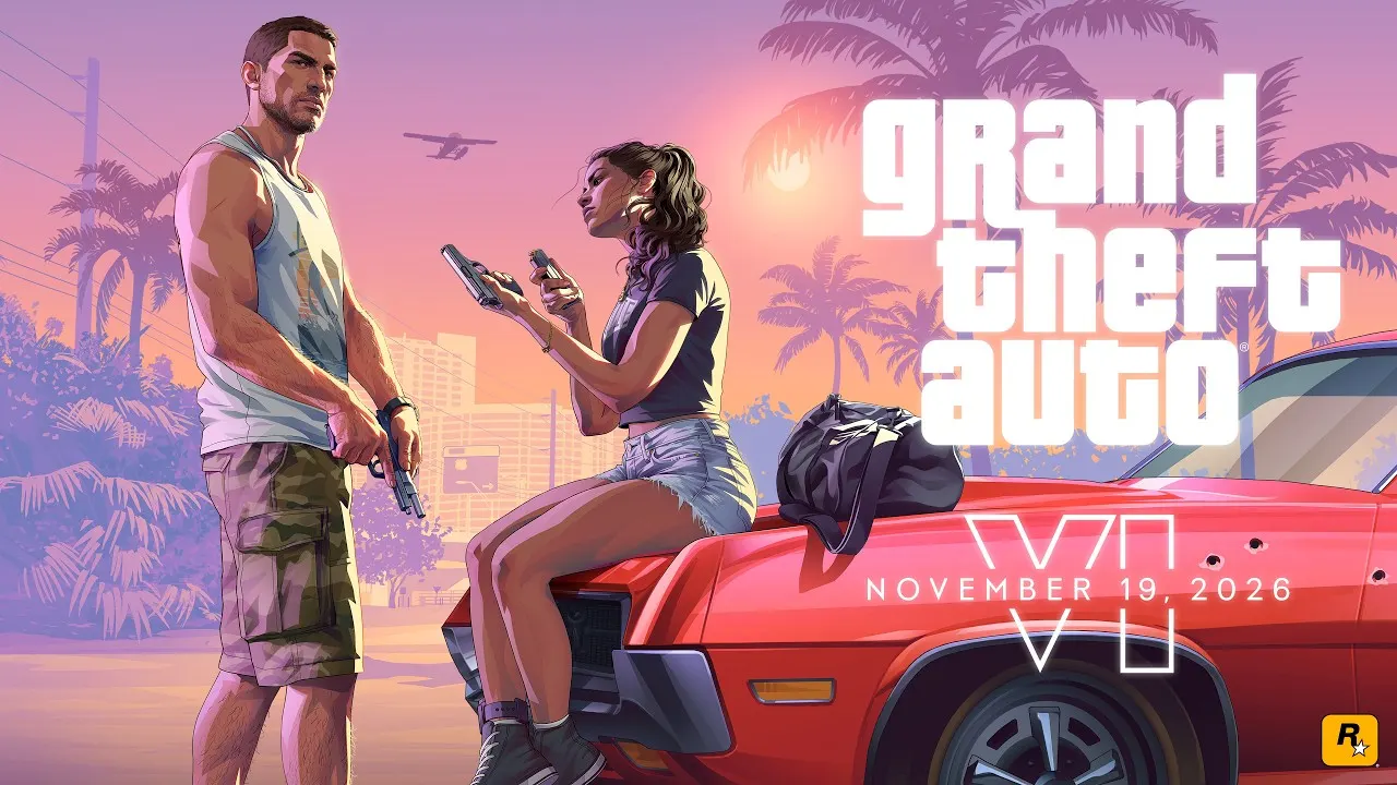 Arte oficial de Grand Theft Auto VI com Jason e Lucia ao lado de um carro vermelho, palmeiras ao fundo e a data 19 de novembro de 2026.