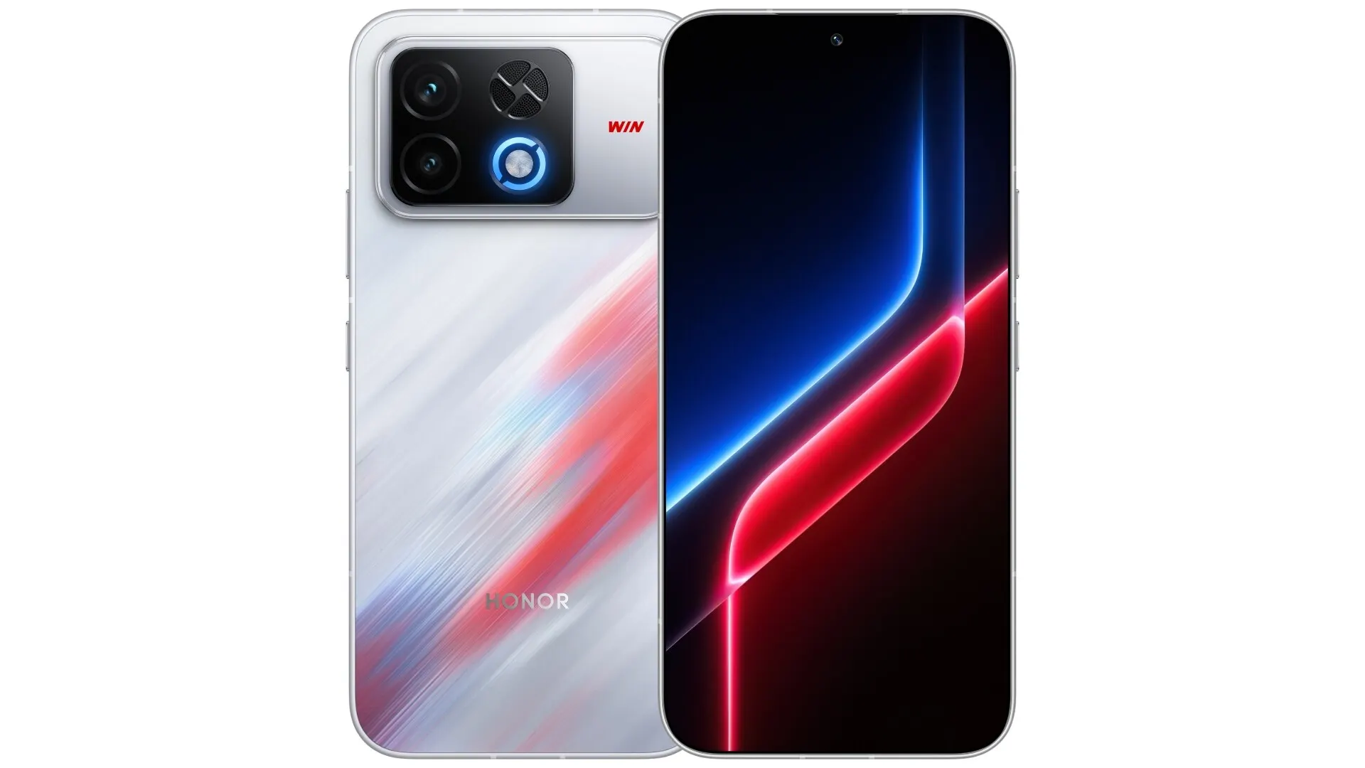 Render oficial do Honor Win2 em branco mostrando a traseira com módulo de câmera e a tela com luzes azuis e vermelhas