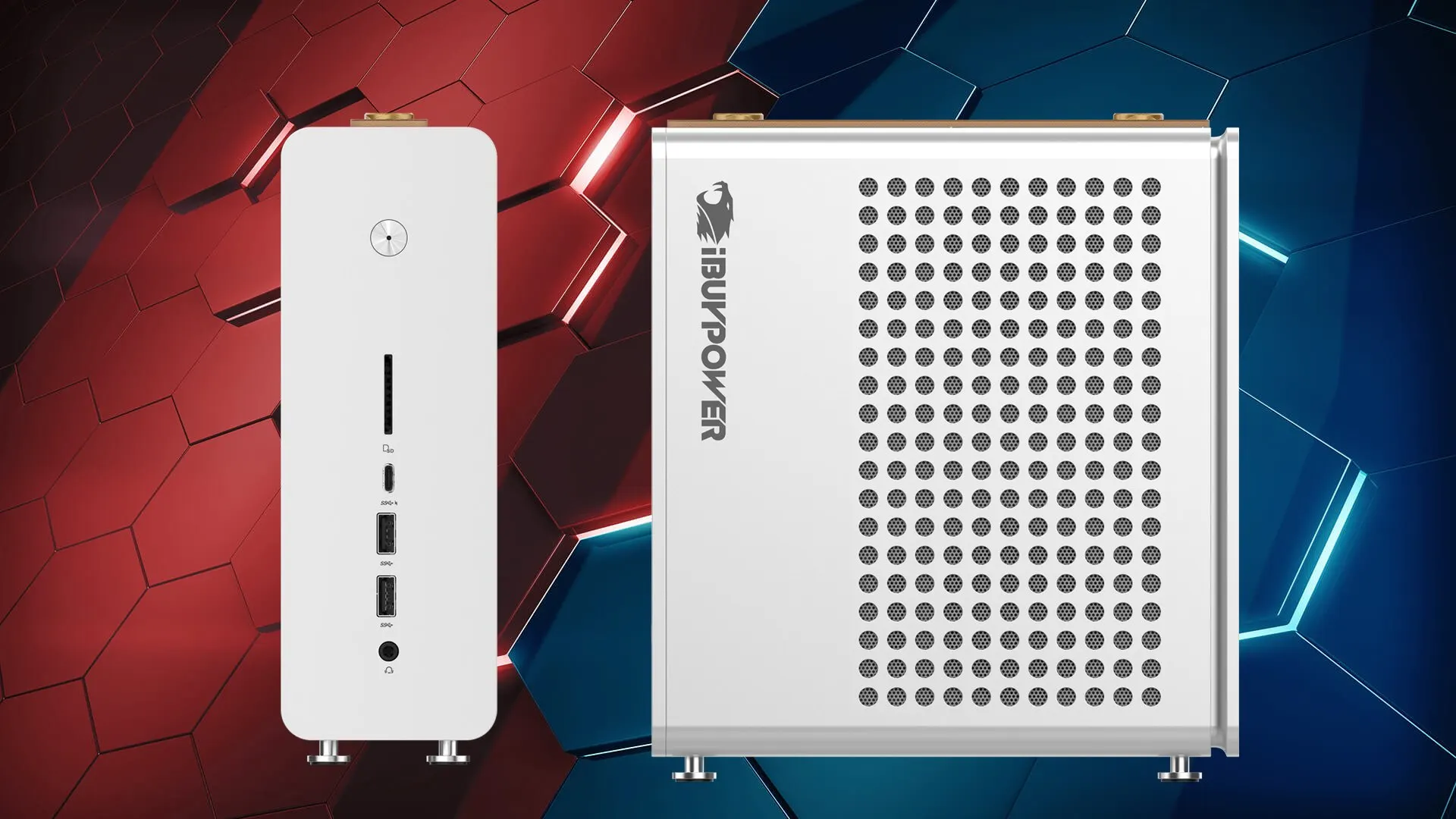 Chassi compacto vertical em metal branco com painel frontal contendo conexões USB e botão de força ao lado de painel lateral perfurado com logotipo da iBUYPOWER