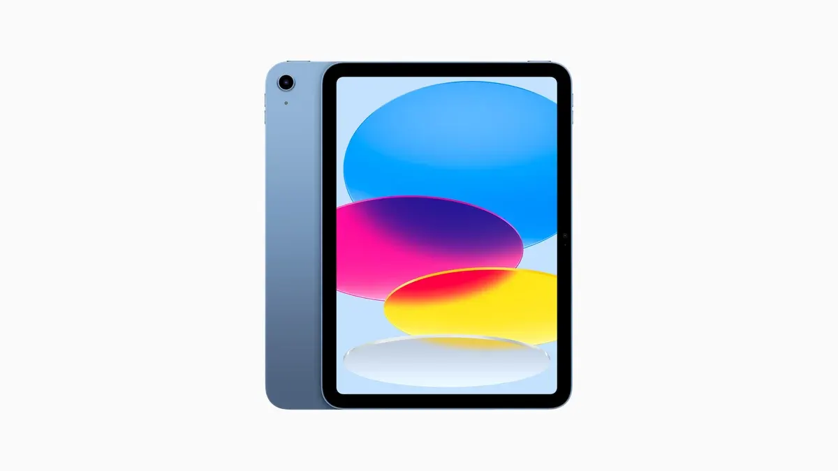 iPad de 10ª geração azul visto de frente, com a tela colorida, em fundo claro.