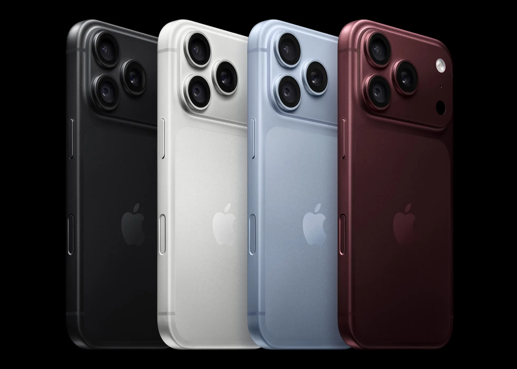 Quatro iPhone 18 Pro vistos de costas, em preto, prata, azul-claro e vinho, com o conjunto de câmeras traseiro.