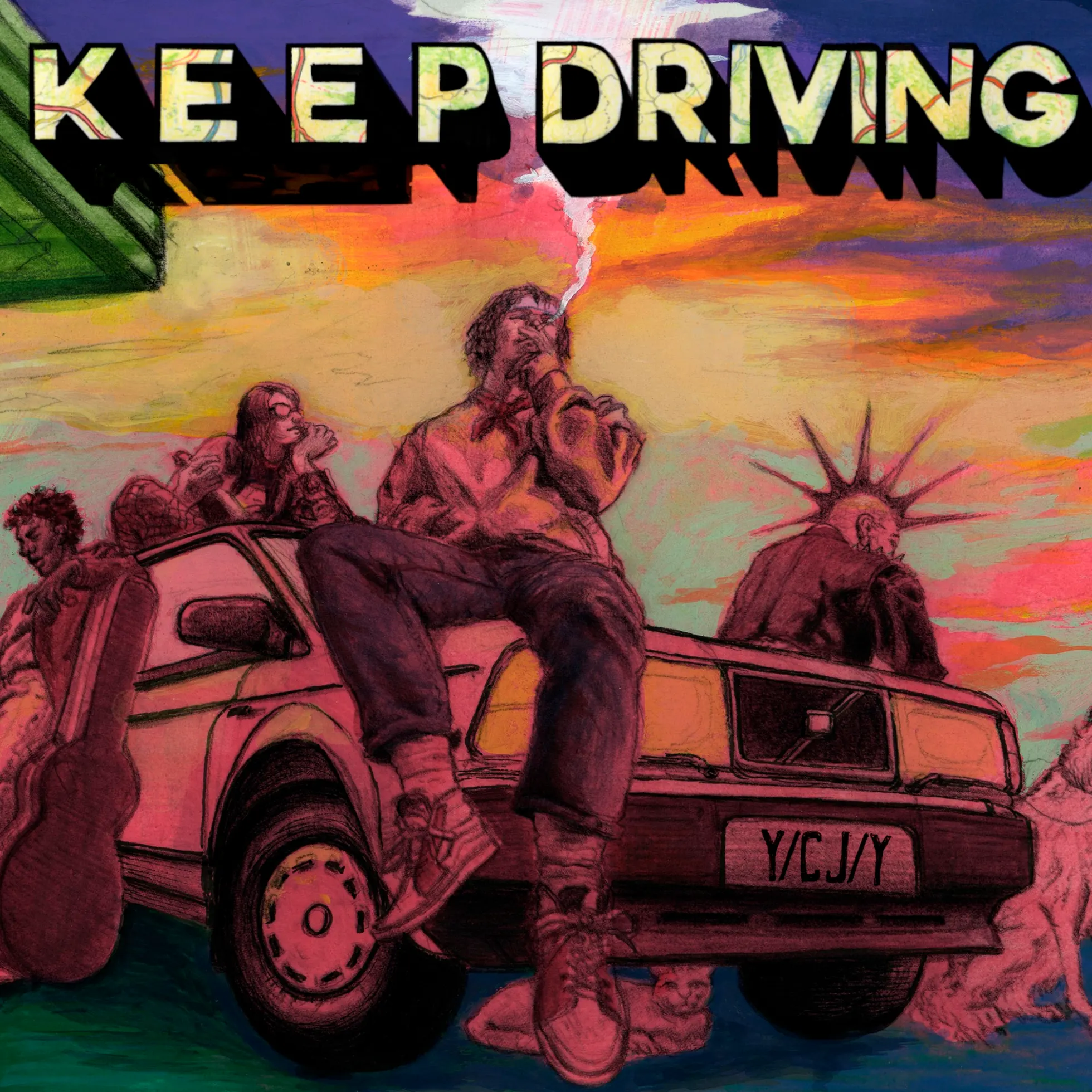 Arte oficial ilustrada: jovens em volta de um carro antigo com a placa Y/CJ/Y, um deles fumando sentado no capô e outro de moicano espetado atrás do carro, com um violão, um gato e um cachorro, sob céu de pôr do sol e o título KEEP DRIVING