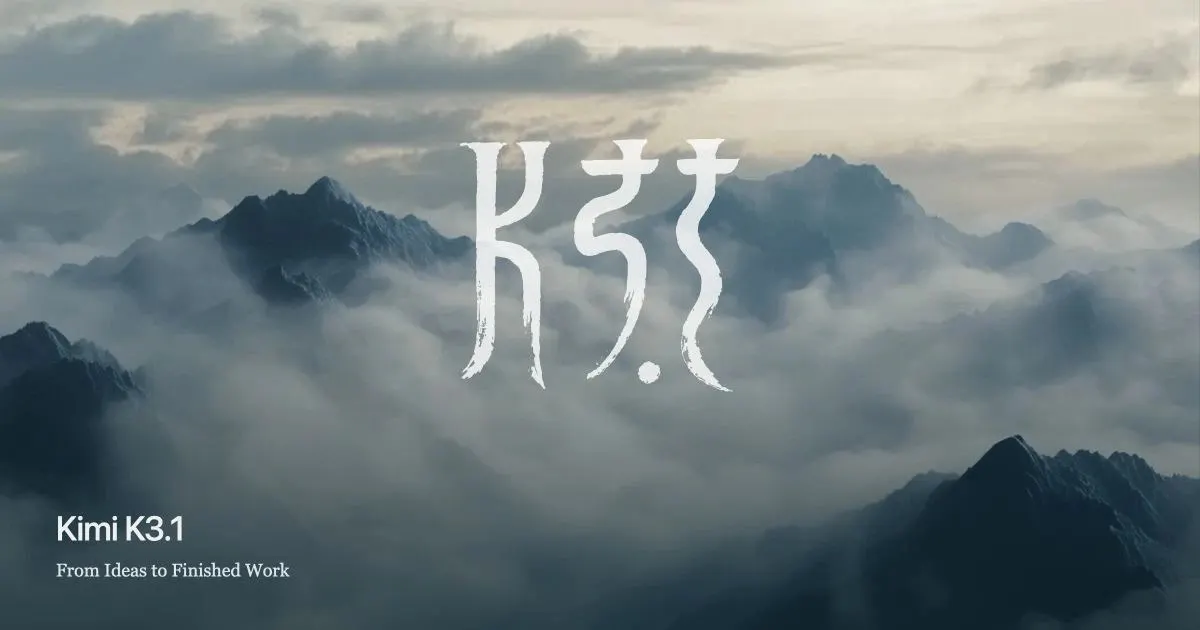 Arte oficial de divulgação do Kimi K3.1, com o logotipo do modelo sobre montanhas entre nuvens
