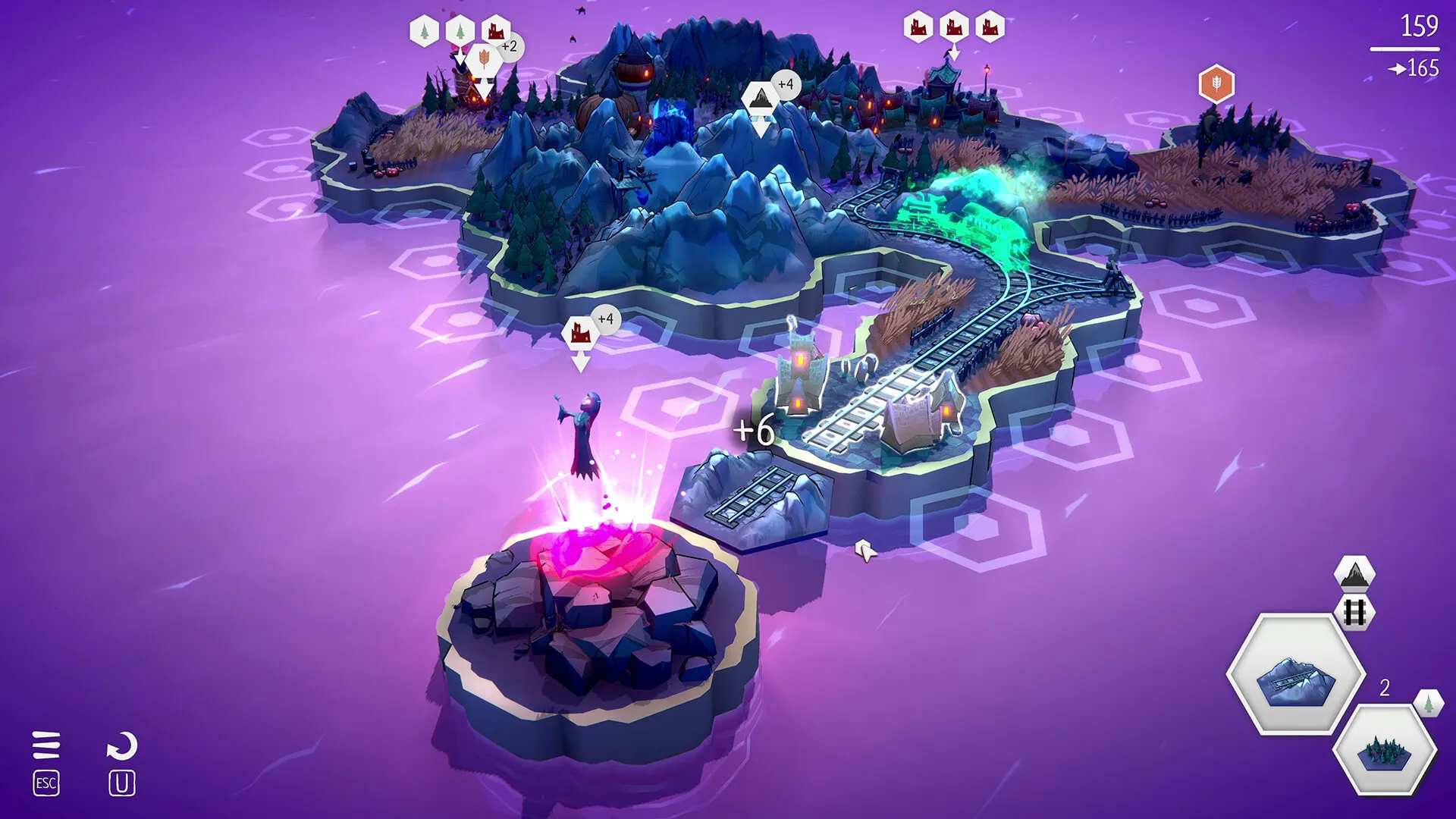 Captura de tela de Fangtopia mostrando um mapa de ilhas flutuantes em tons de roxo, com trilhos, vilas e um cristal brilhante